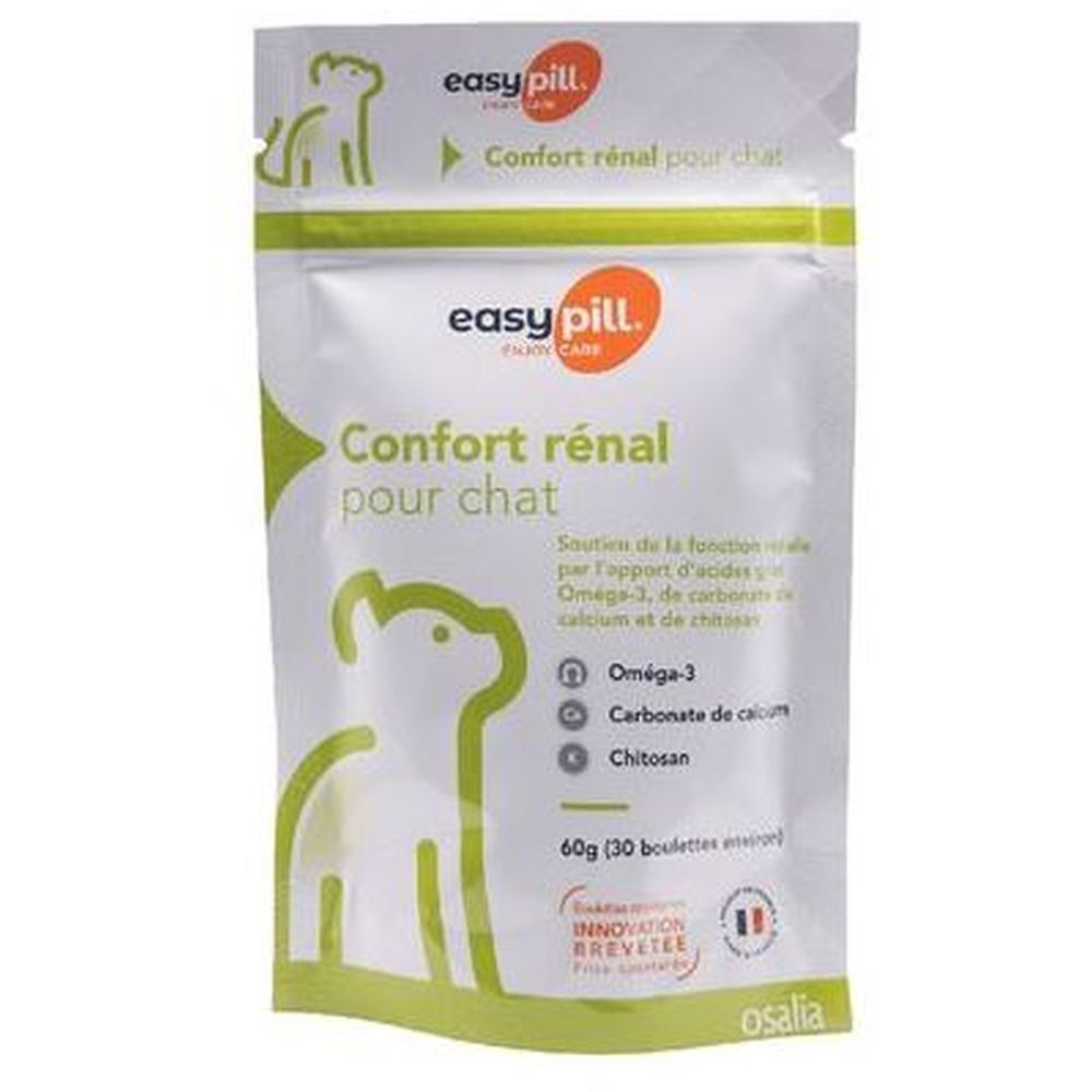 Sachet EASYPILL Confort rénal pour chat. Emballage blanc et vert avec nom du produit et ingrédients. Inscriptions en français.