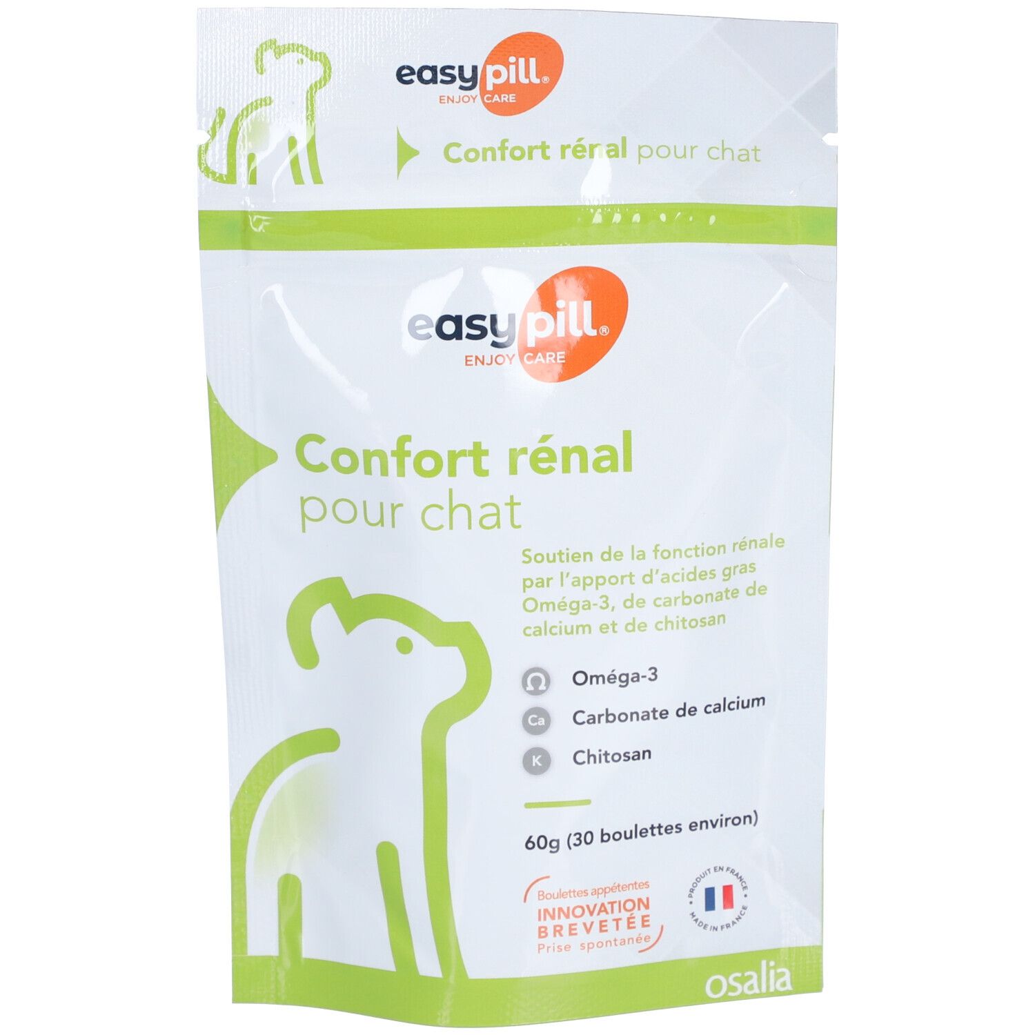 Emballage EASYPILL Confort rénal pour chat. Sachet blanc et vert avec nom du produit et ingrédients. Inscriptions en français.