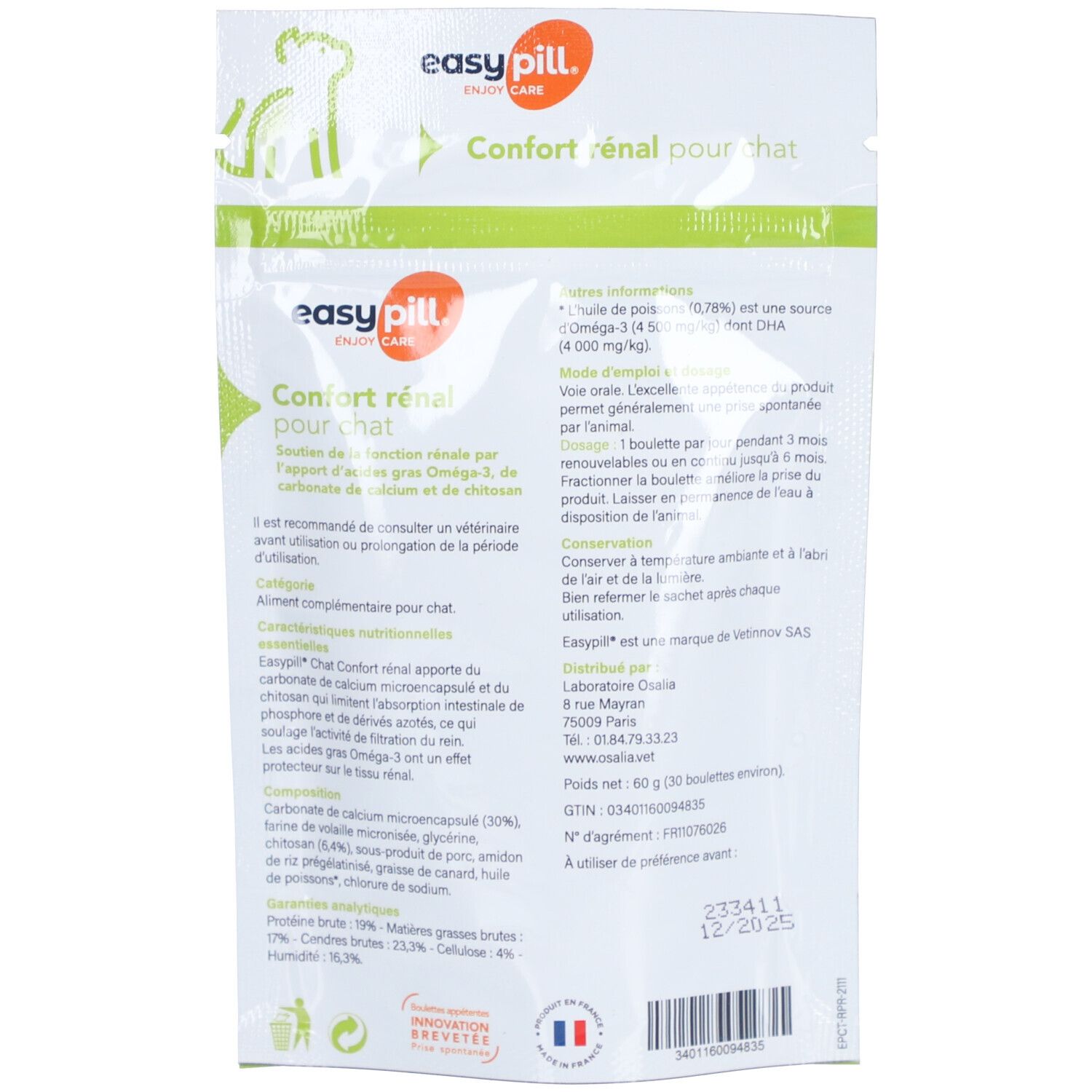 Dos du sachet EASYPILL Confort rénal pour chat. Contient des informations sur les ingrédients et l'utilisation. Inscriptions en français.