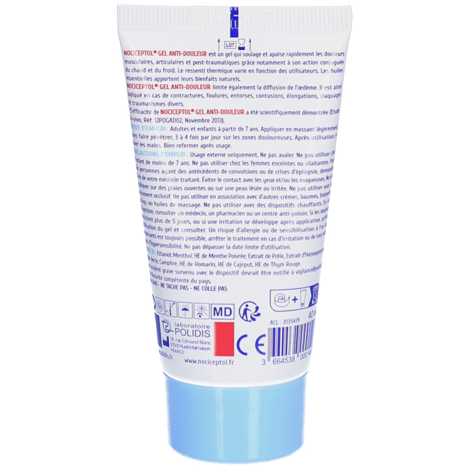 Achterkant van de Nociceptol Gel Anti-Douleur tube. Tekst en informatie over gebruik en ingrediënten. Blauwe dop.