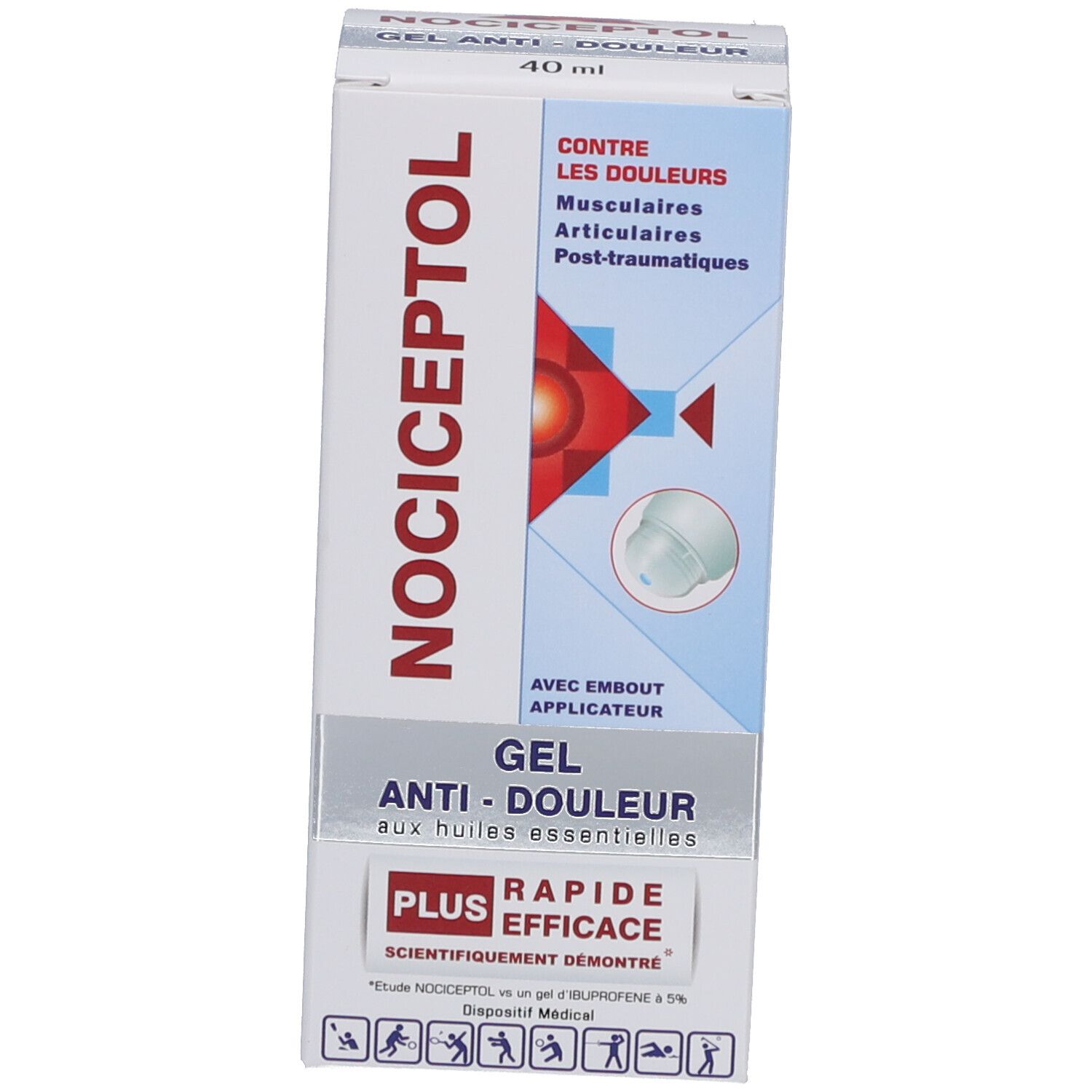 Nociceptol Gel Anti-Douleur doos. Productnaam, informatie en illustraties. Witte doos met blauwe en rode accenten.
