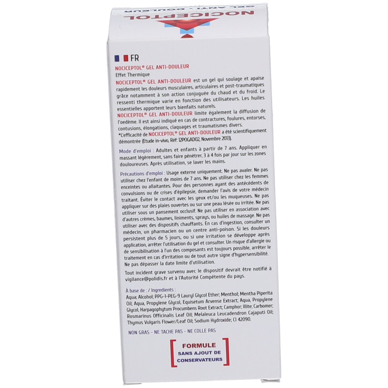Achterkant van de Nociceptol Gel Anti-Douleur doos. Franse tekst, ingrediënten en waarschuwingen. Witte doos.