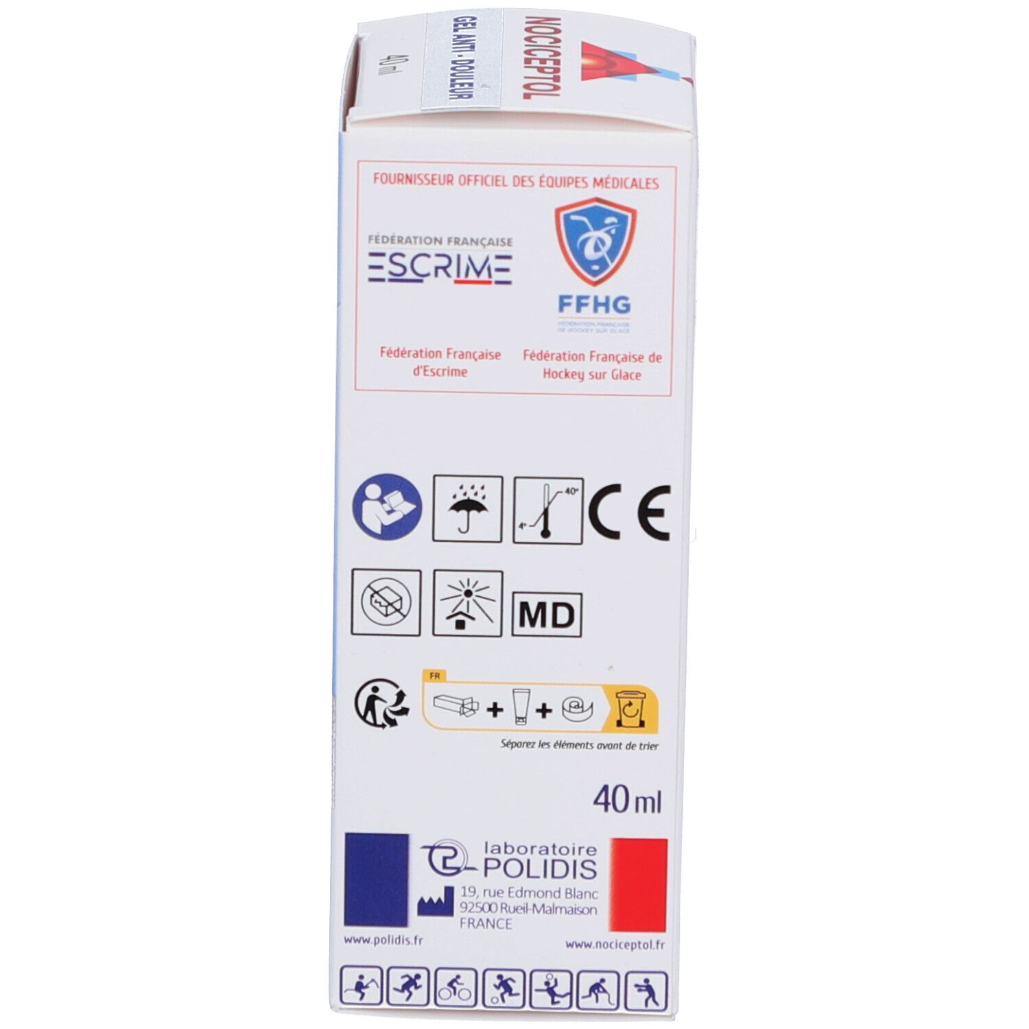 Bovenkant van de Nociceptol Gel Anti-Douleur doos. Logo, certificeringen en informatie. Witte doos.