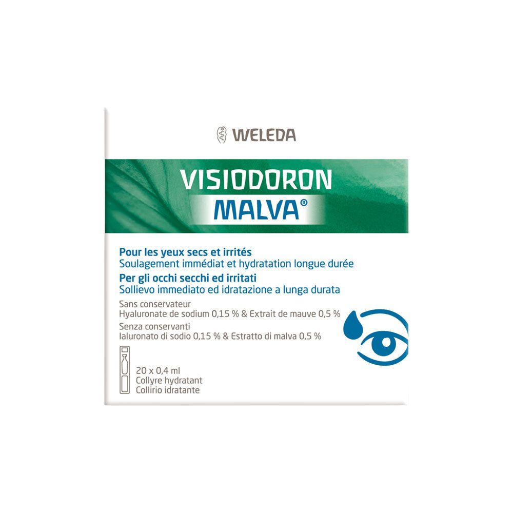 Weleda Visiodoron Malva. Verpakking met 20 unidoses. Voor droge, geïrriteerde ogen. Bevat hyaluronaat en malve-extract.