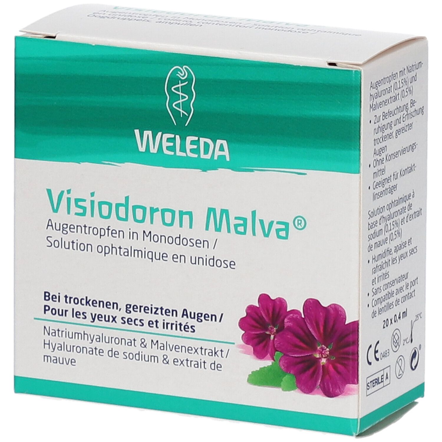 Visiodoron Malva oogdruppels in unidoses. Witte doos met groene accenten, paarse bloemen. Tekst: Weleda, droge ogen. 20x0,4 ml.