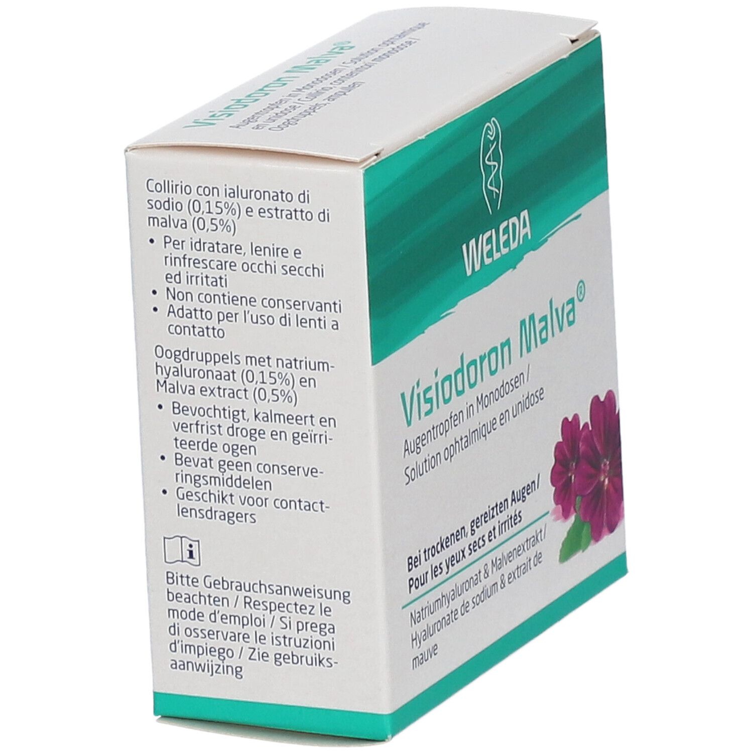 Visiodoron Malva verpakking, schuin. Witte doos met groene accenten. Tekst: Weleda, oogdruppels. Informatie in het Duits, Italiaans, Nederlands.