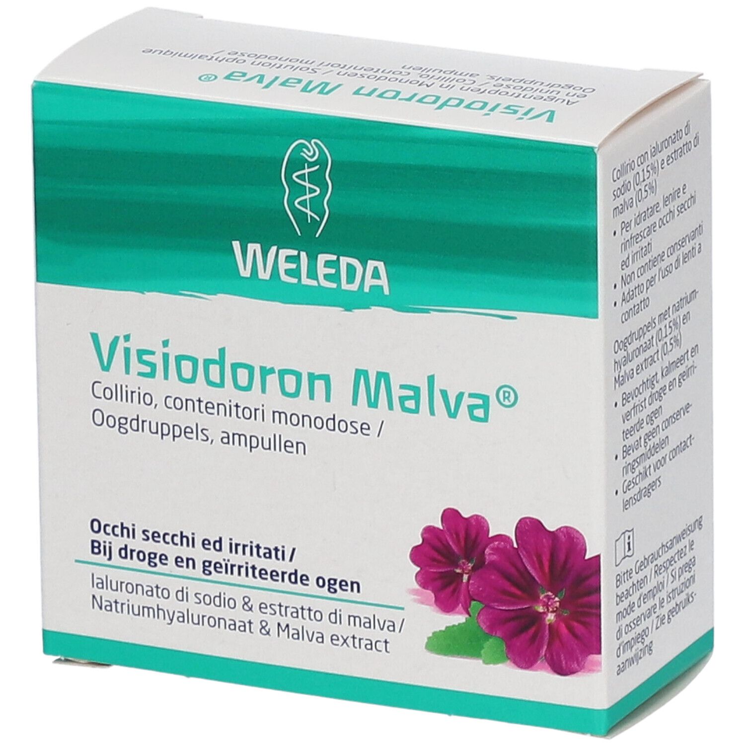 Visiodoron Malva verpakking, schuin. Witte doos met groene accenten. Tekst: Weleda, oogdruppels. Meertalige informatie.