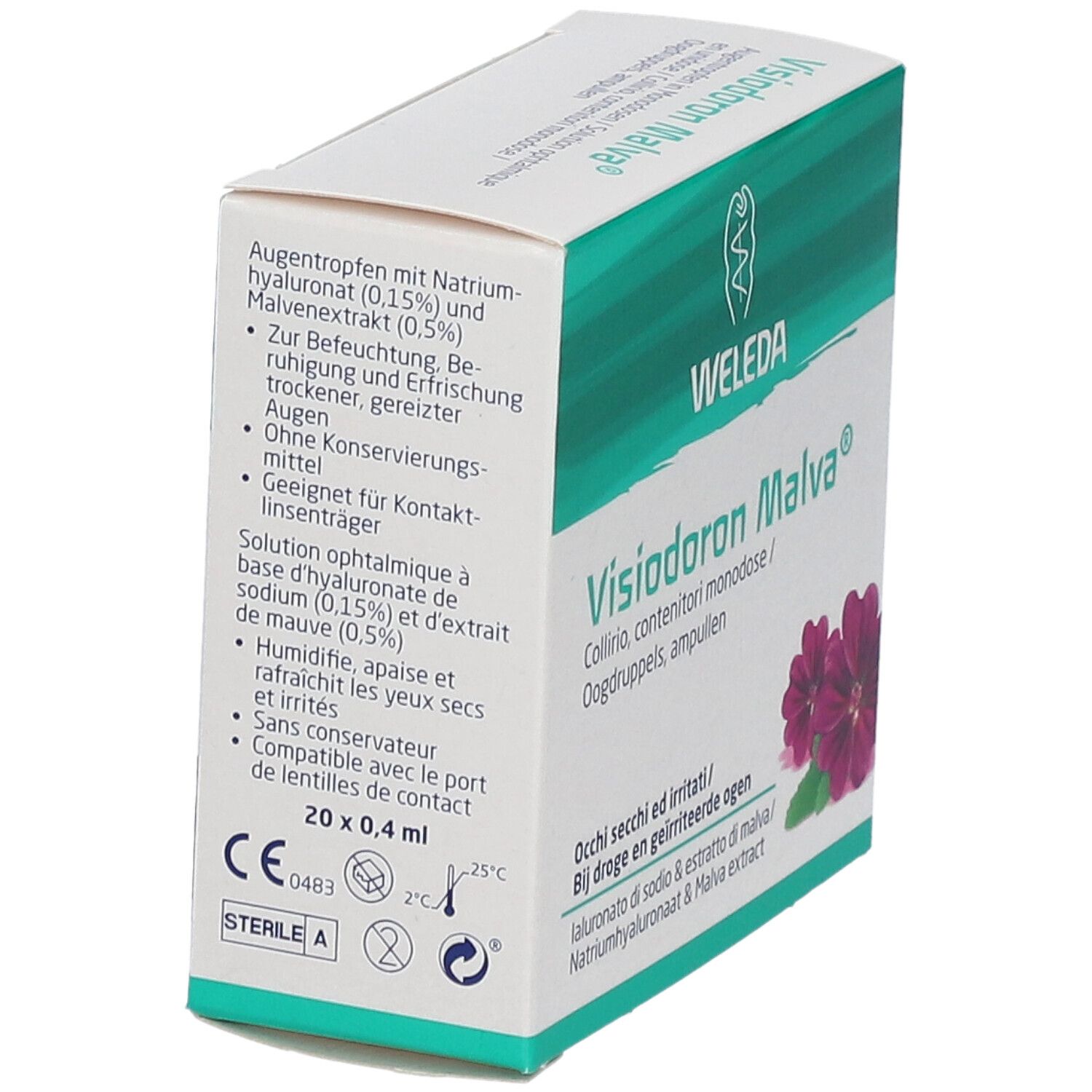 Visiodoron Malva verpakking, schuin. Witte doos met groene accenten. Tekst: Weleda, oogdruppels. 20x0,4 ml. Steriel A.