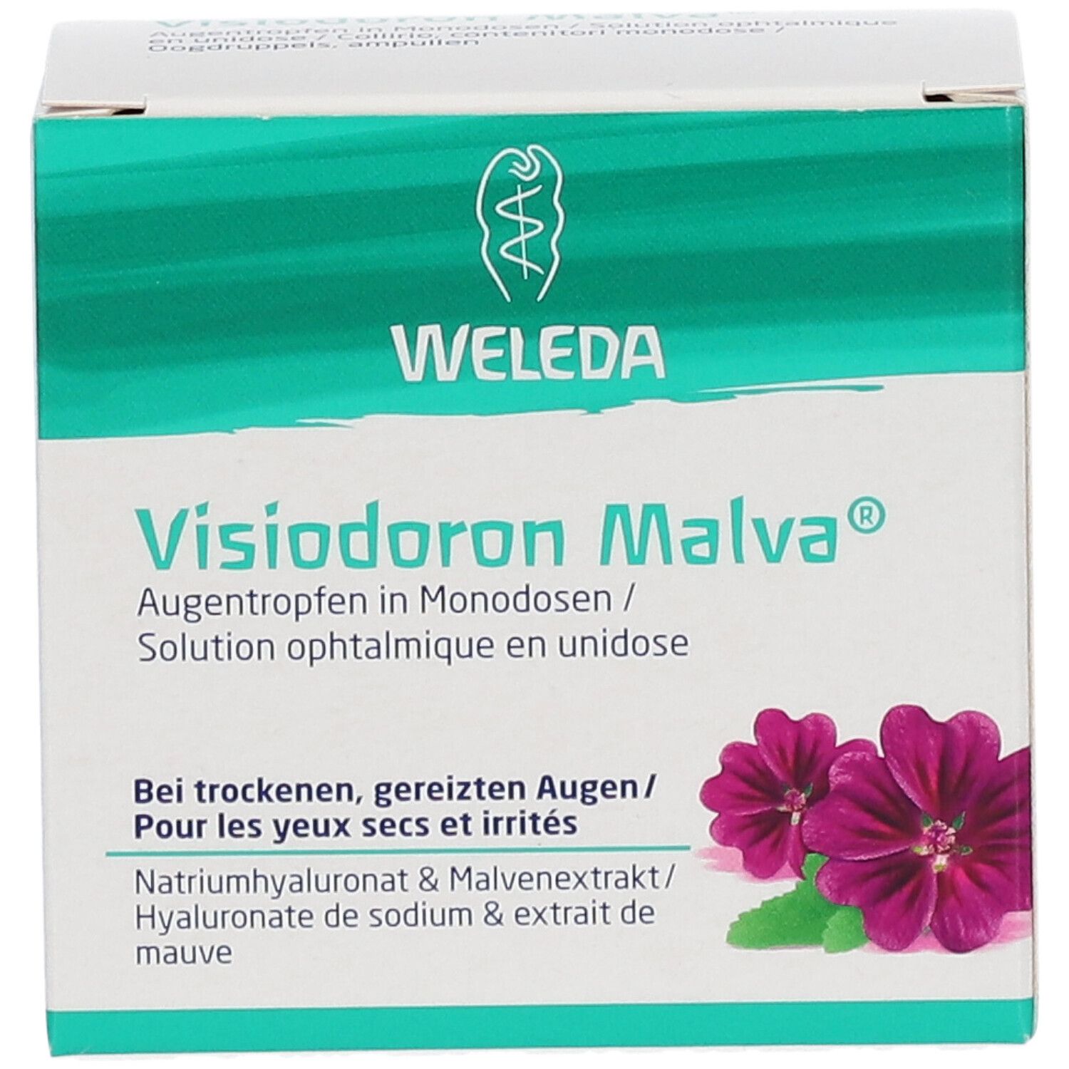Visiodoron Malva verpakking. Witte doos met groene accenten, paarse bloemen. Tekst: Weleda, oogdruppels. Voor droge, geïrriteerde ogen.