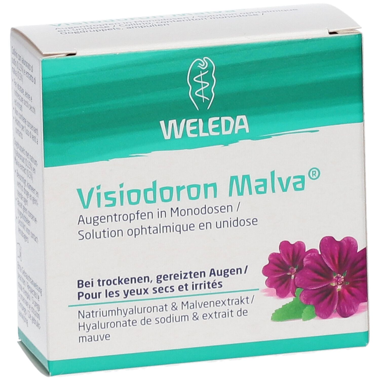 Visiodoron Malva verpakking. Witte doos met groene accenten, paarse bloemen. Tekst: Weleda, oogdruppels. Natriumhyaluronaat & malve-extract.