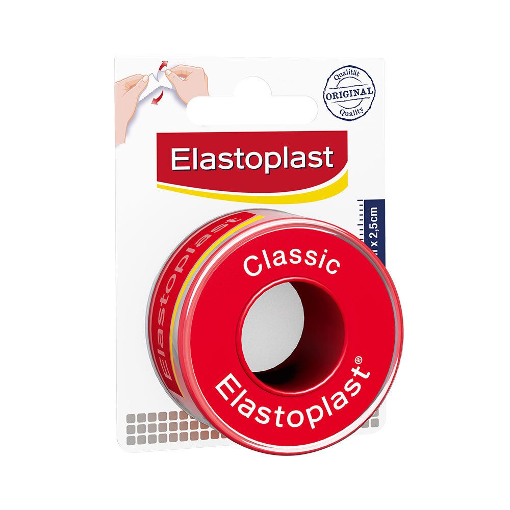 Rouleau de sparadrap rouge Elastoplast Classic. Inscription: Original Quality. Dimensions: 2,5 cm.
