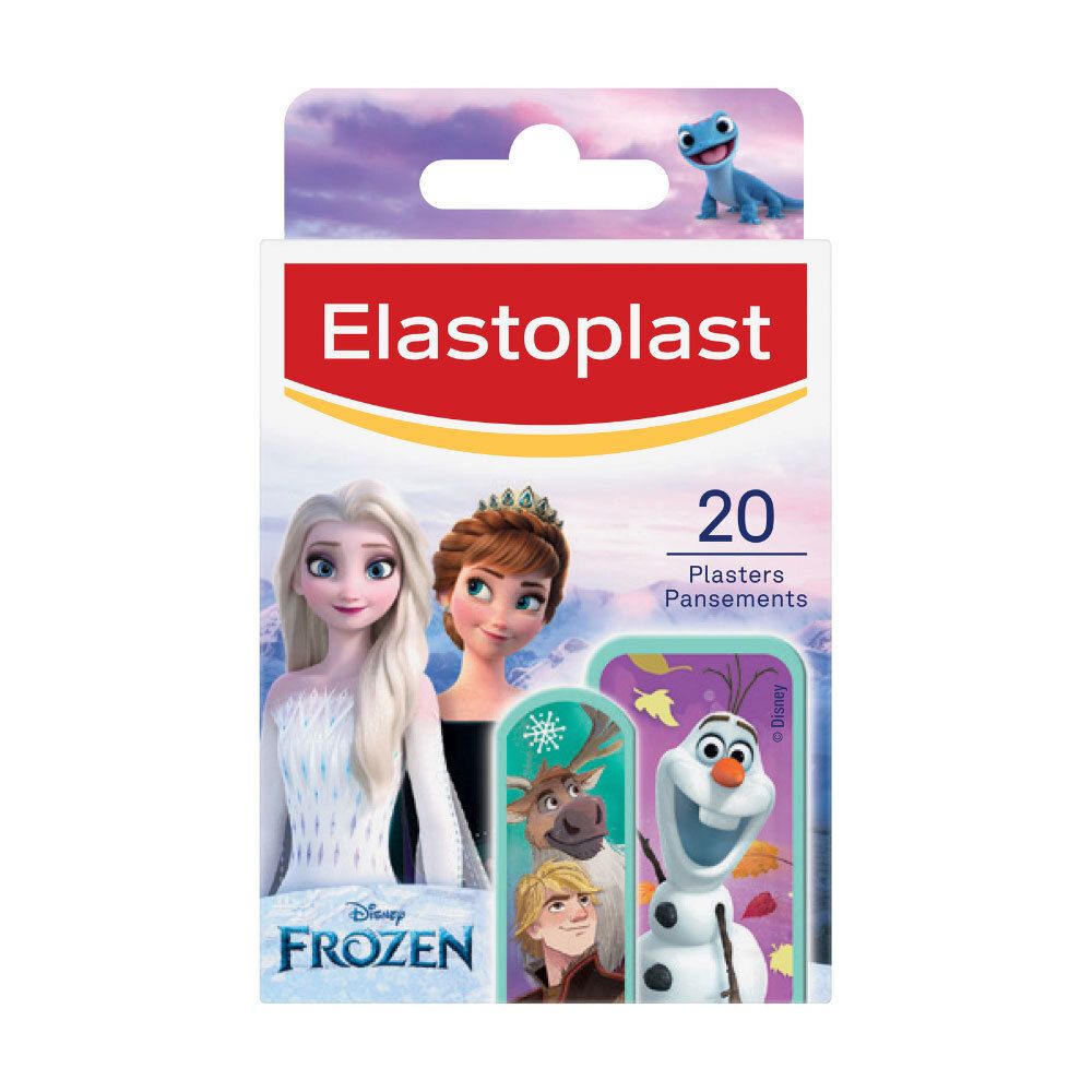 Boîte Elastoplast avec 20 pansements. Personnages Disney La Reine des Neiges. Écriture rouge, fond blanc. Impression: 20 pansements.