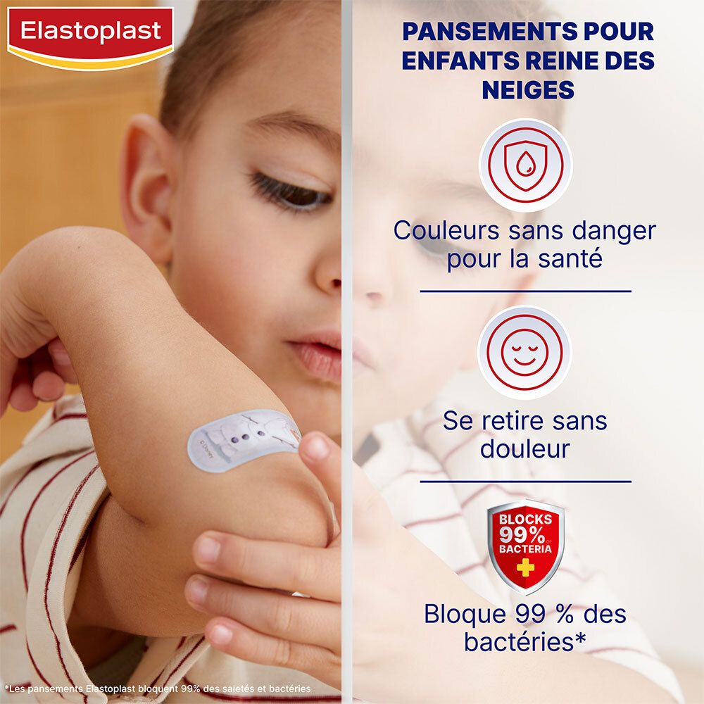 Enfant avec pansement au coude. Texte: Couleurs sans danger, retrait sans douleur, bloque 99% des bactéries.
