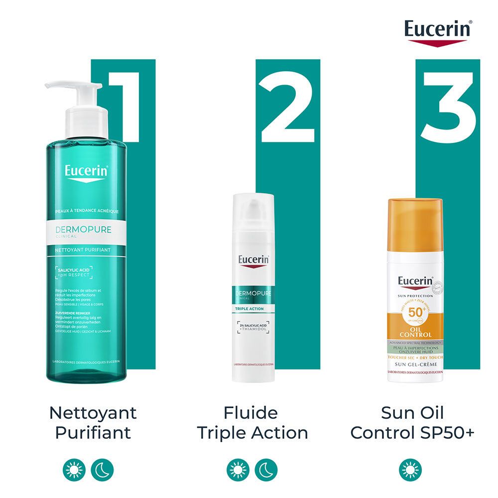 Drie Eucerin producten: Reinigingsgel, Triple Action Fluid, Sun Oil Control.