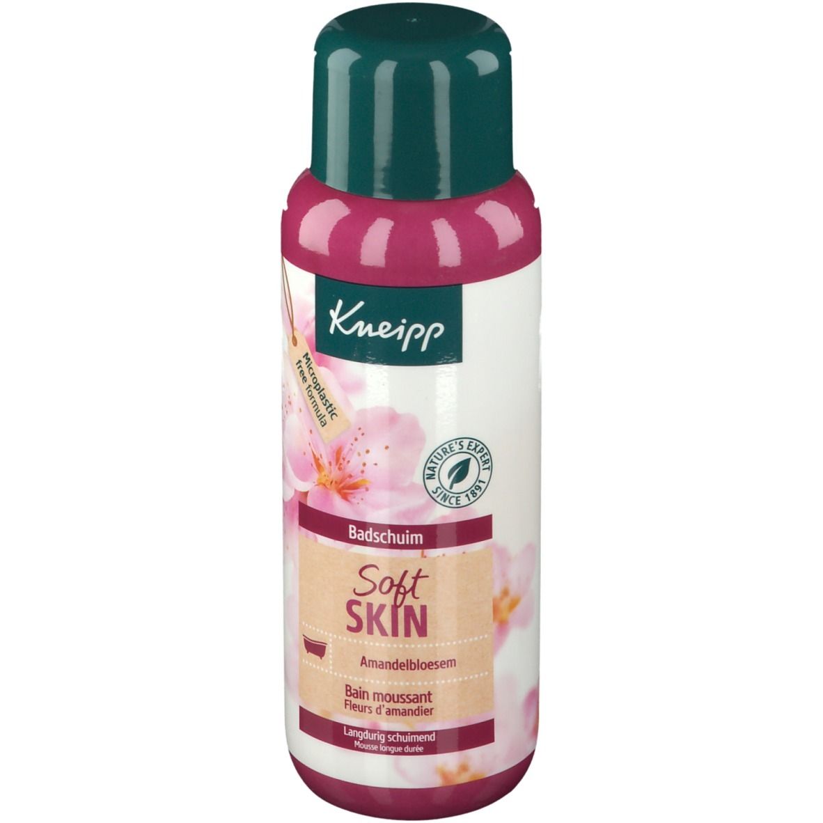 Fles Kneipp® Soft Skin Schuimbad Amandelbloesem. Roze-wit etiket, groene dop. Tekst: Badschuim, Mandelbloesem, Fleurs d'amandier.