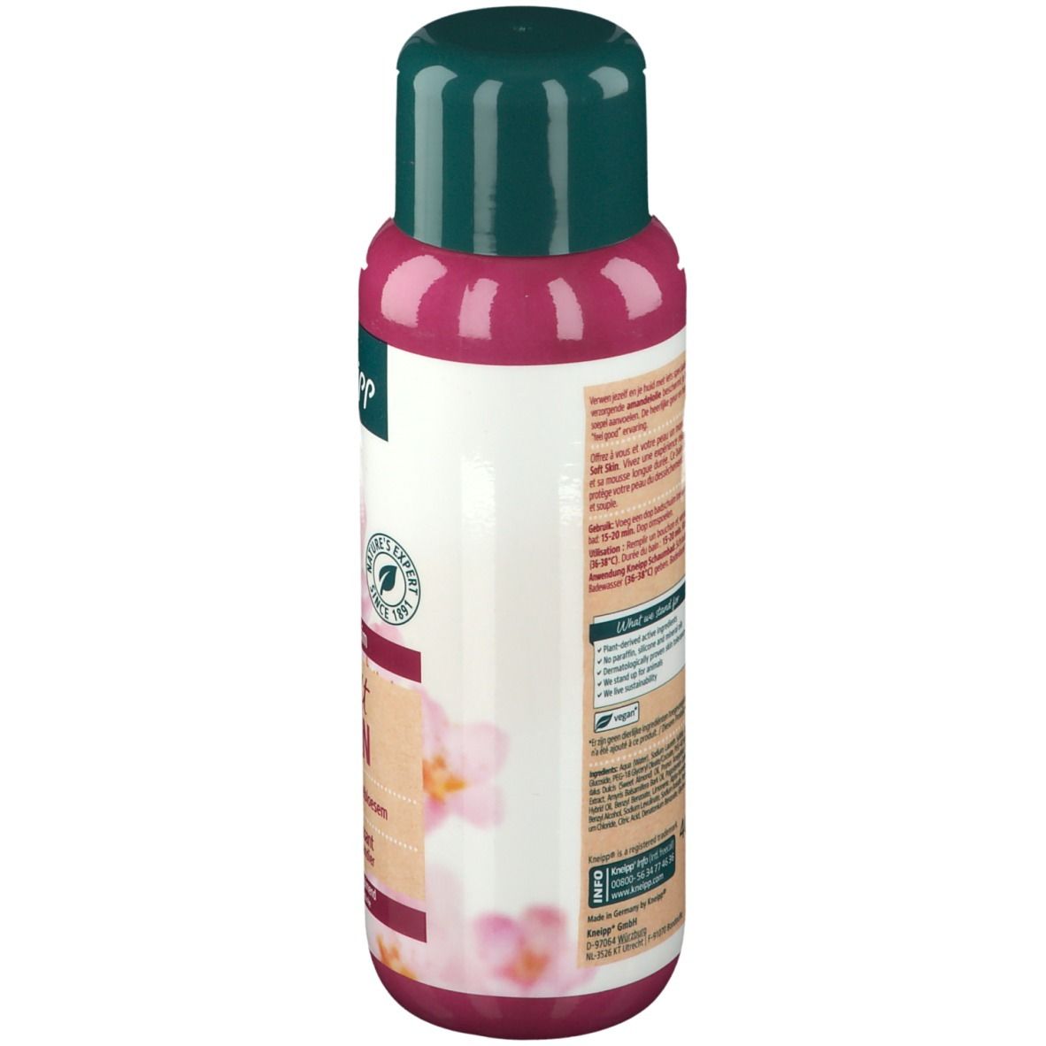 Achterkant van de fles Kneipp® Soft Skin Schuimbad Amandelbloesem. Tekst en logo's op witte achtergrond. Groene dop.
