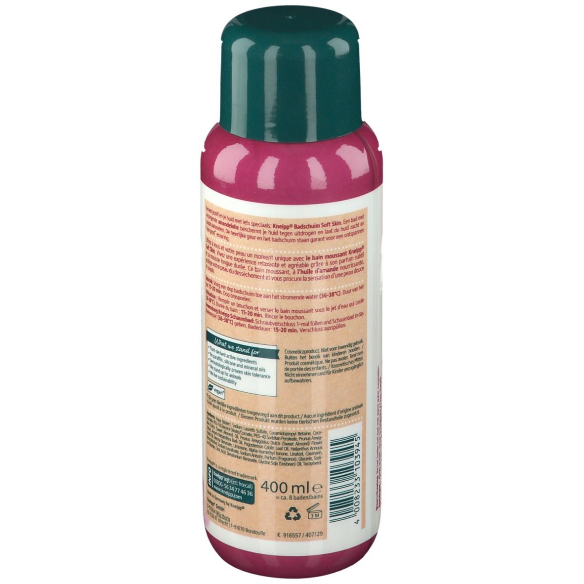 Achterkant van de fles Kneipp® Soft Skin Schuimbad Amandelbloesem. Tekst, logo's en volume 400 ml. Groene dop.