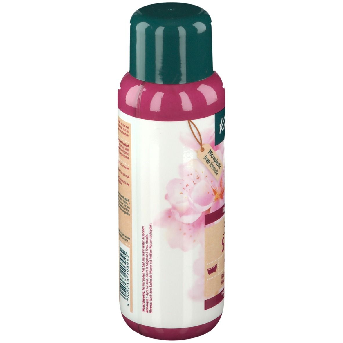 Fles Kneipp® Soft Skin Schuimbad Amandelbloesem. Roze-wit etiket, groene dop. Tekst: Badschuim, Mandelbloesem, Fleurs d'amandier.