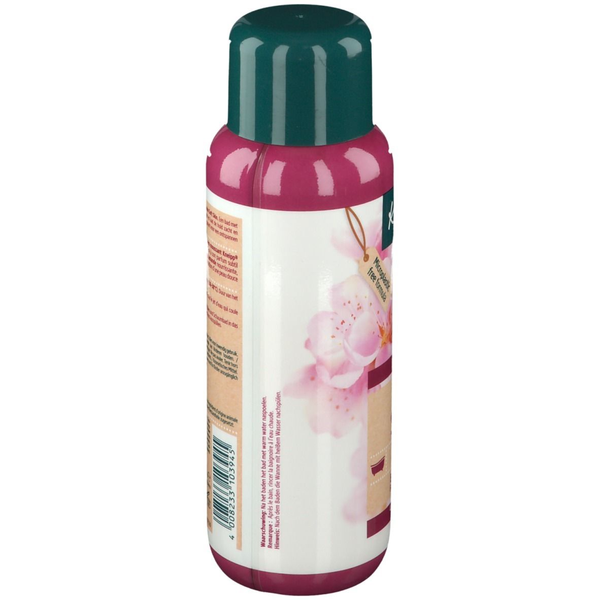 Achterkant van de fles Kneipp® Soft Skin Schuimbad Amandelbloesem. Tekst en logo's op witte achtergrond. Groene dop.
