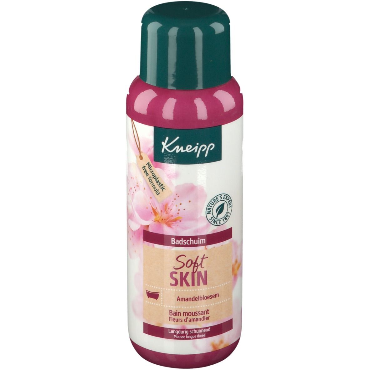 Fles Kneipp® Soft Skin Schuimbad Amandelbloesem. Roze-wit etiket, groene dop. Tekst: Badschuim, Mandelbloesem, Fleurs d'amandier.