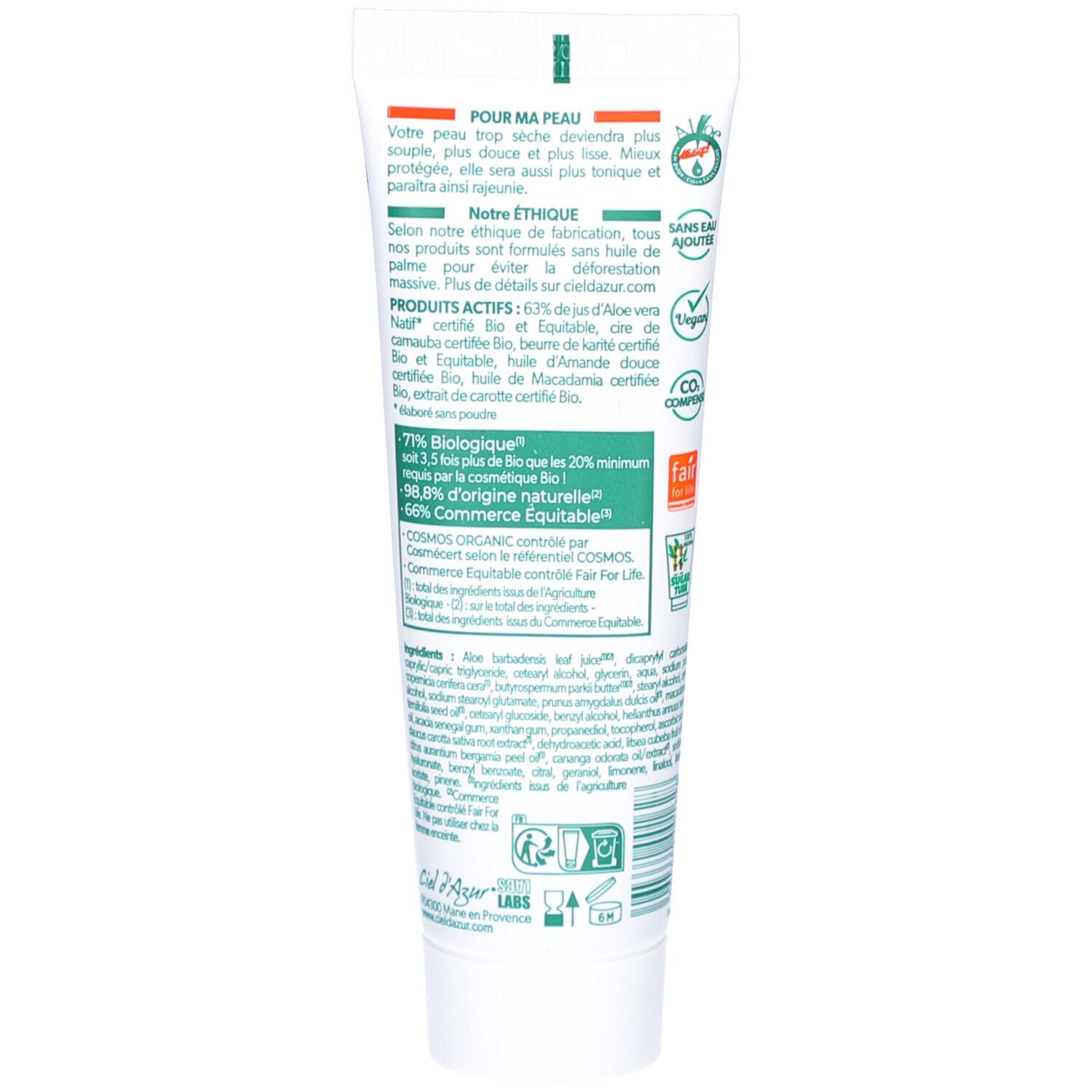 Dos du tube CIEL D'AZUR PurAloé Crème Intense. Texte en vert et noir. Logos et certifications.