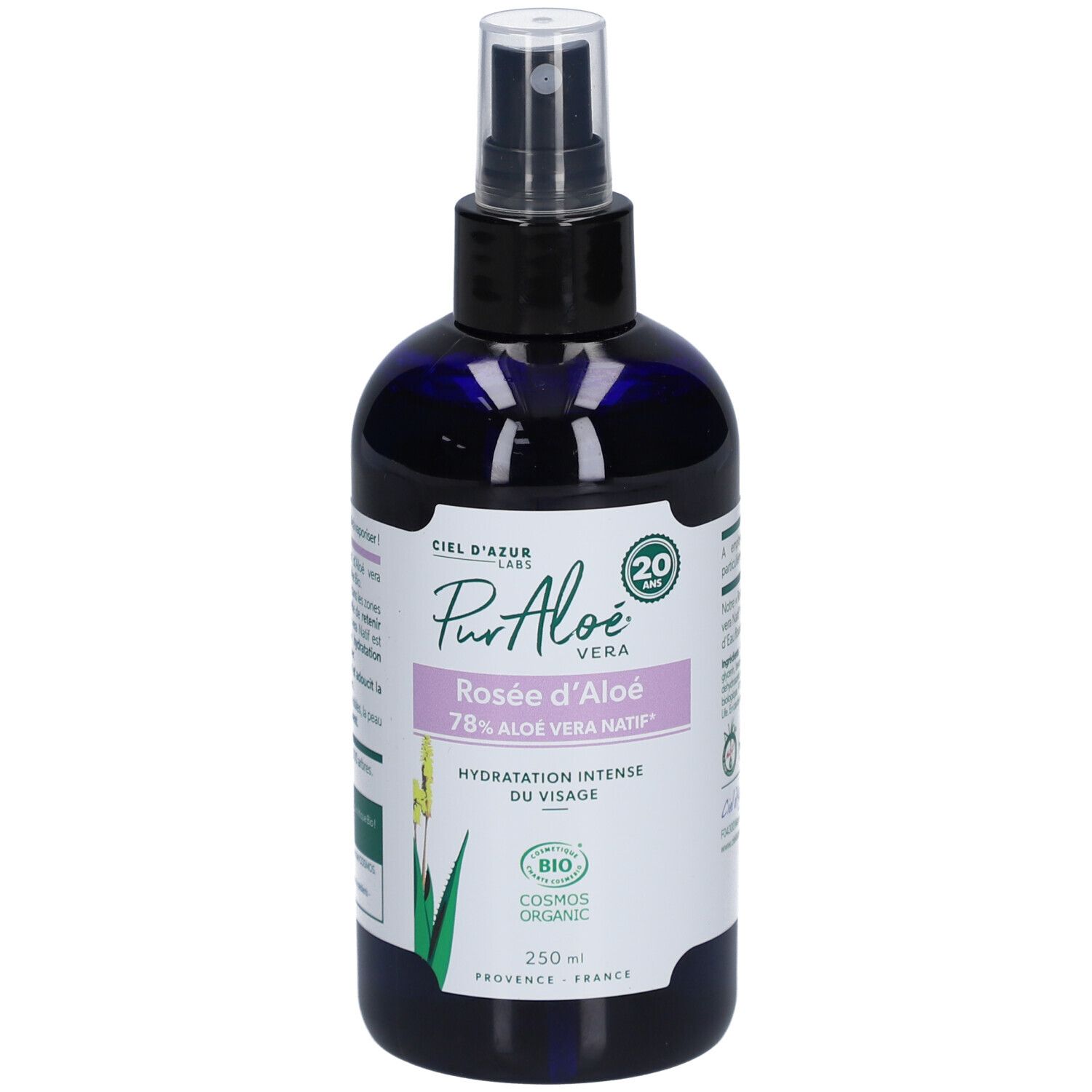 Blauwe, transparante fles met verstuiver. Opschrift: Pur Aloé, Rosée d'Aloé, 78% Aloe Vera Natif, Hydratation Intense du Visage. Bio-certificering.