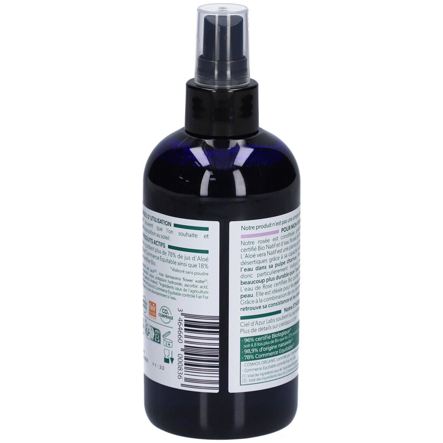 Achterkant van de fles. Tekstinformatie. Barcode. Bio-certificering. Informatie over samenstelling en gebruik.