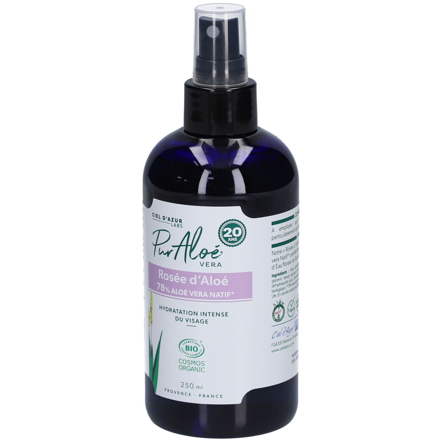 Blauwe, transparante fles met verstuiver. Opschrift: Pur Aloé, Rosée d'Aloé, 78% Aloe Vera Natif, Hydratation Intense du Visage. Bio-certificering.