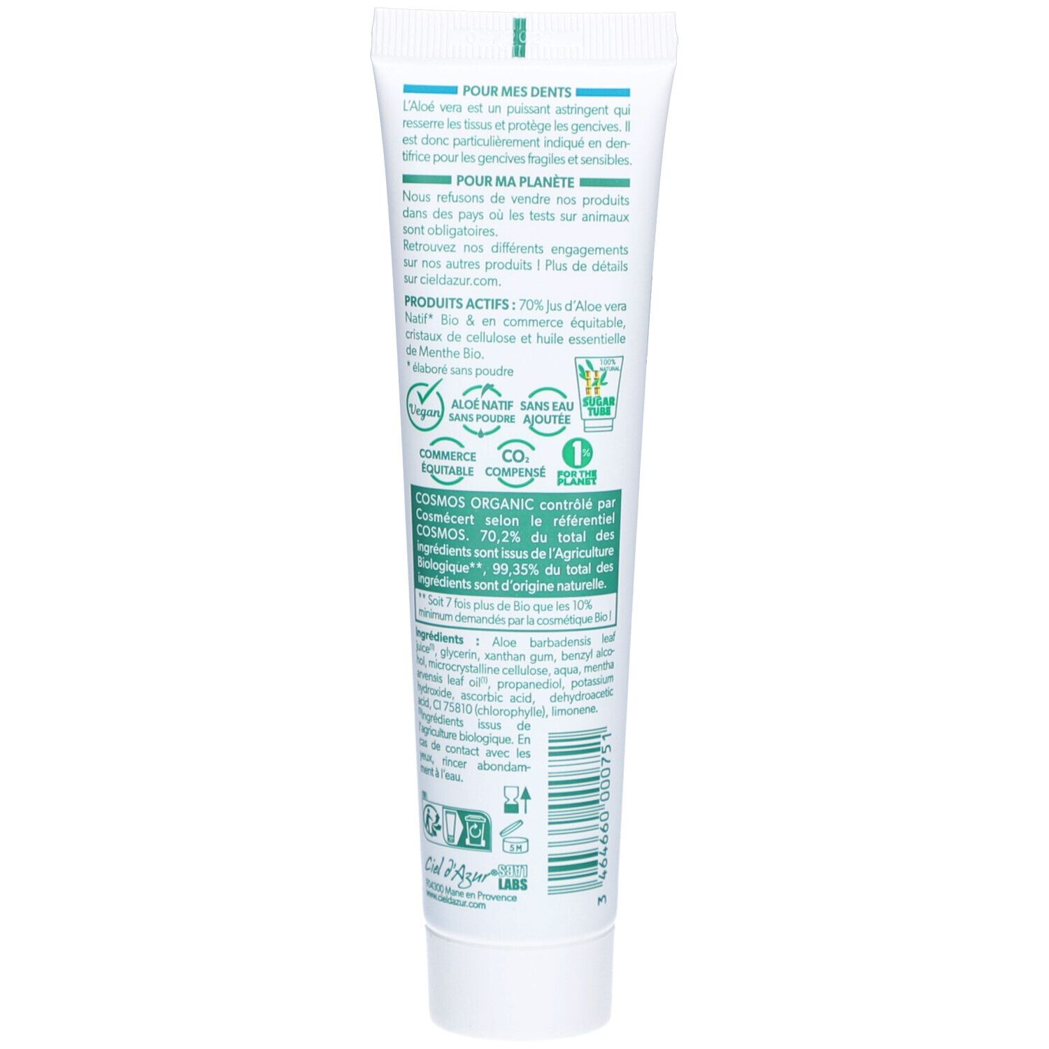 Achterkant van de tandpasta tube CIEL D'AZUR PurAloé. Franse tekst. Bio-certificering en ingrediënten.
