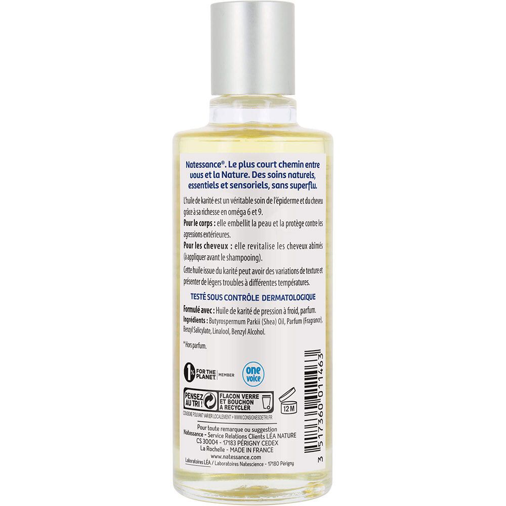 Achterkant van de fles. Tekst met ingrediënten, dermatologische test en recyclingsymbolen.
