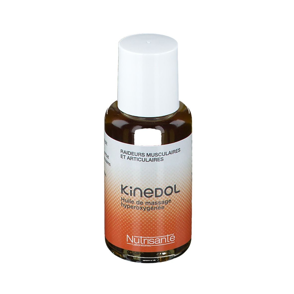 Bruine glazen fles met witte dop. Opschrift: Kinedol, Huile de massage hyperoxygénée. Merk: Nutrisante.