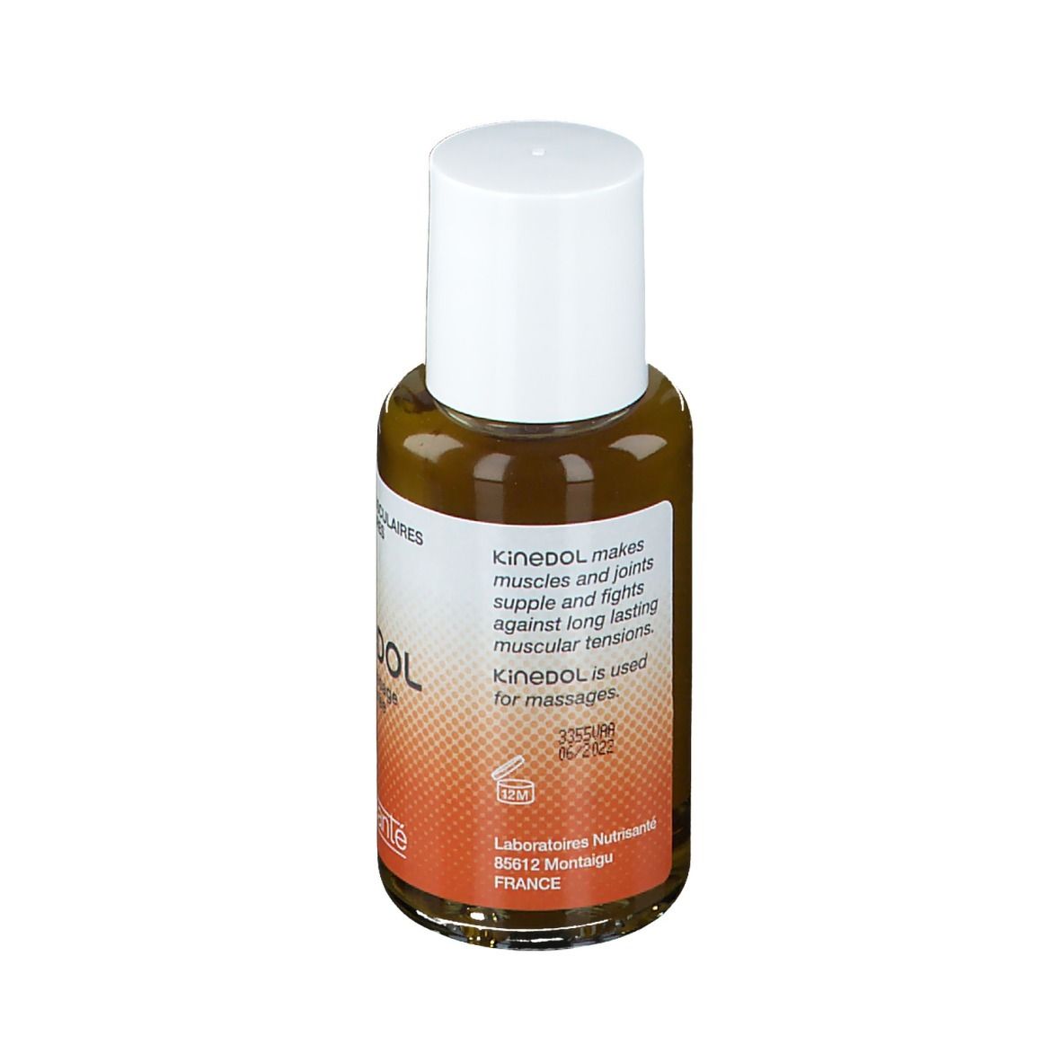 Bruine glazen fles met witte dop. Opschrift: Kinedol. Tekst: Kinedol is used for massages. Merk: Nutrisante.