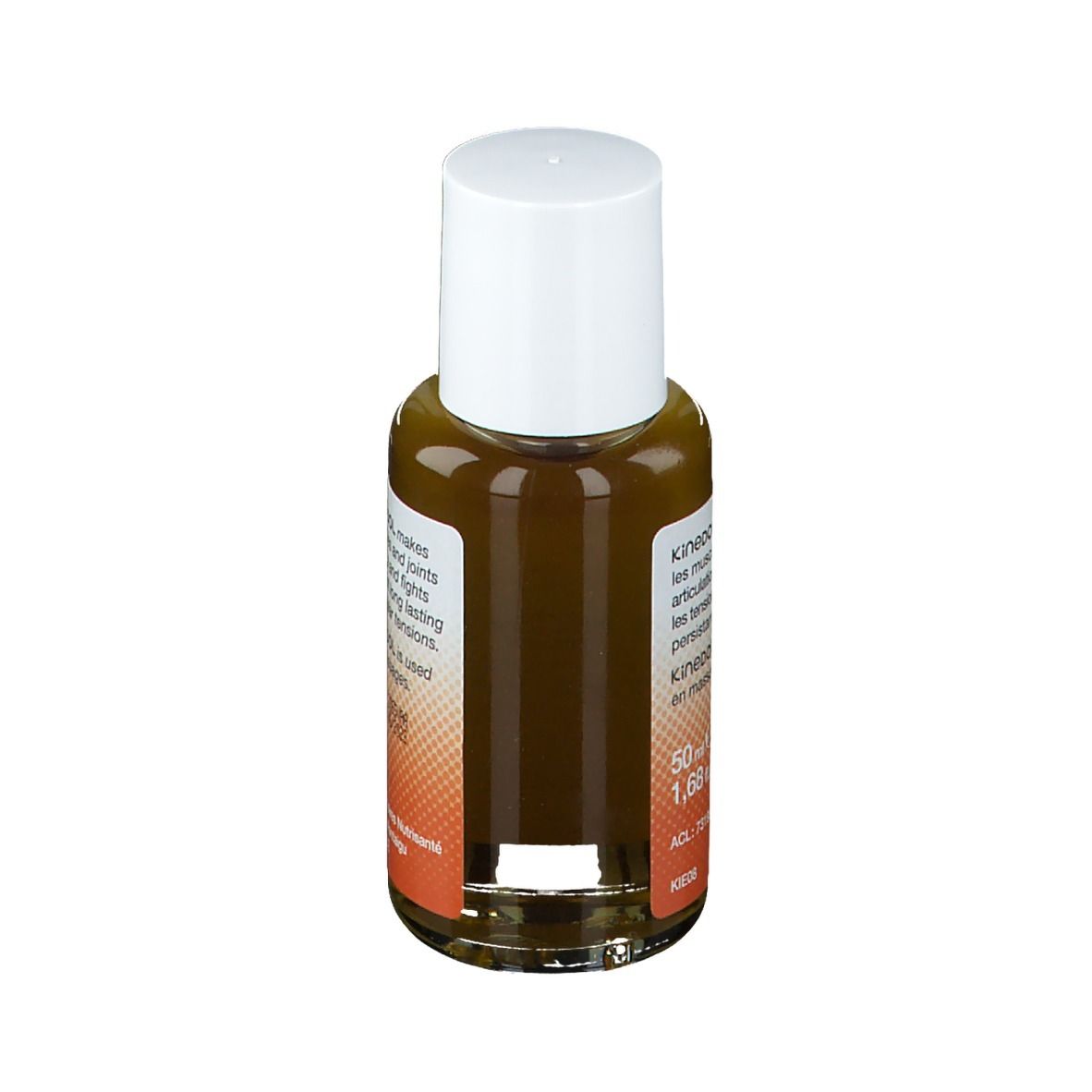 Bruine glazen fles met witte dop. Opschrift: Kinedol. Tekst: 50 ml, 1,68 fl.oz. Merk: Nutrisante.