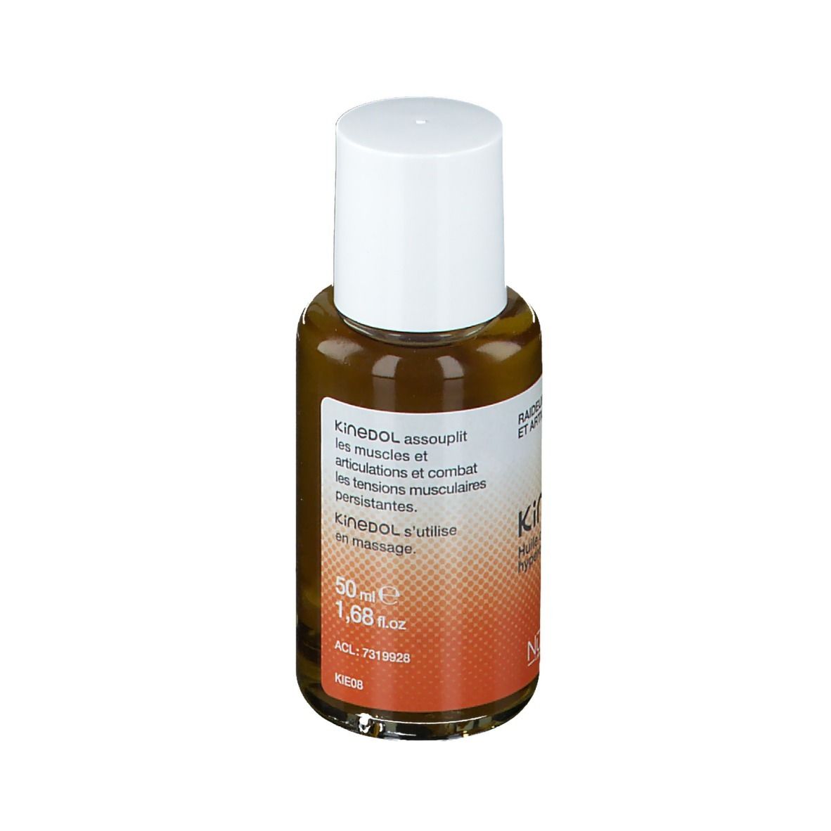 Bruine glazen fles met witte dop. Opschrift: Kinedol. Tekst: 50 ml, 1,68 fl.oz. Merk: Nutrisante.