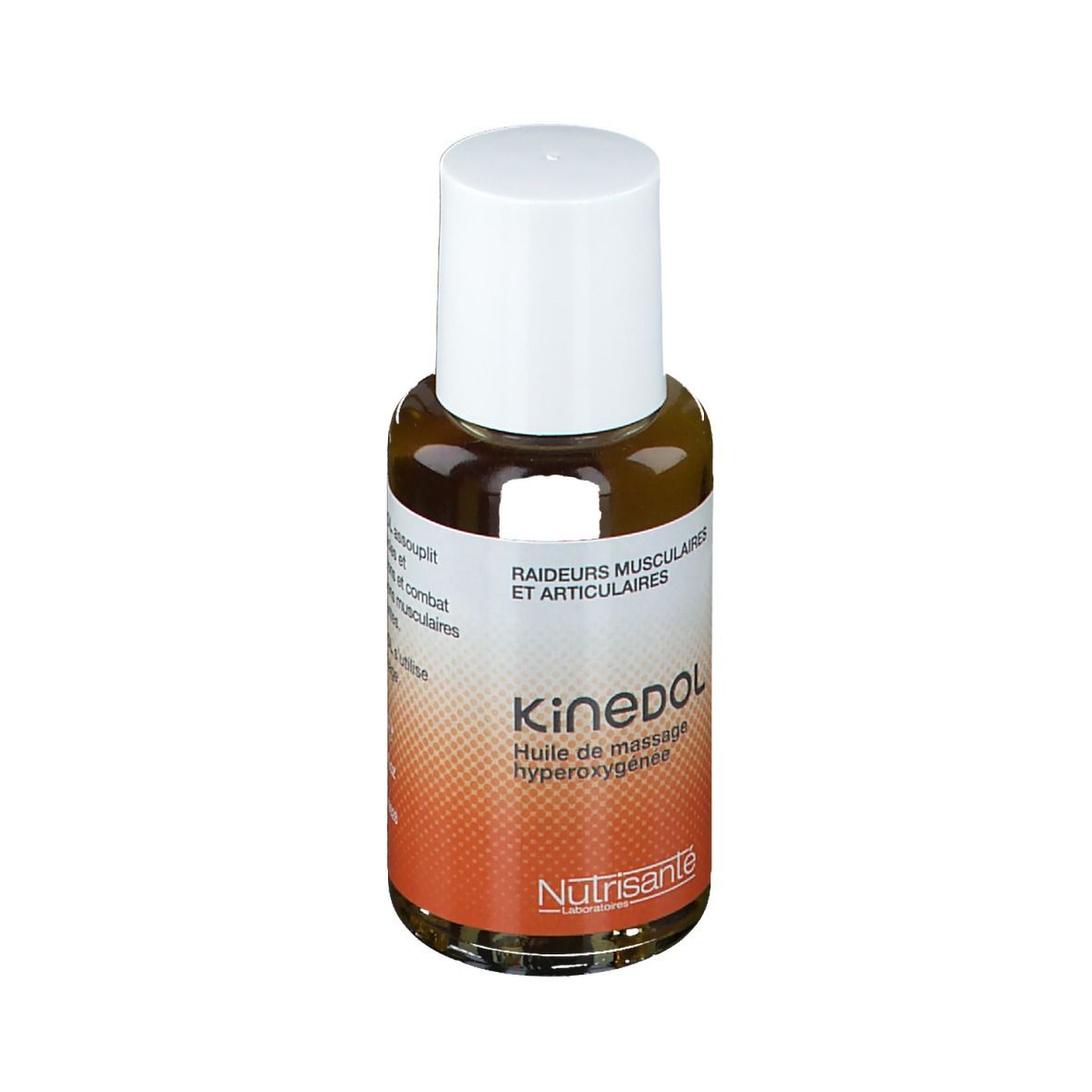 Bruine glazen fles met witte dop. Opschrift: Kinedol, Huile de massage hyperoxygénée. Merk: Nutrisante.