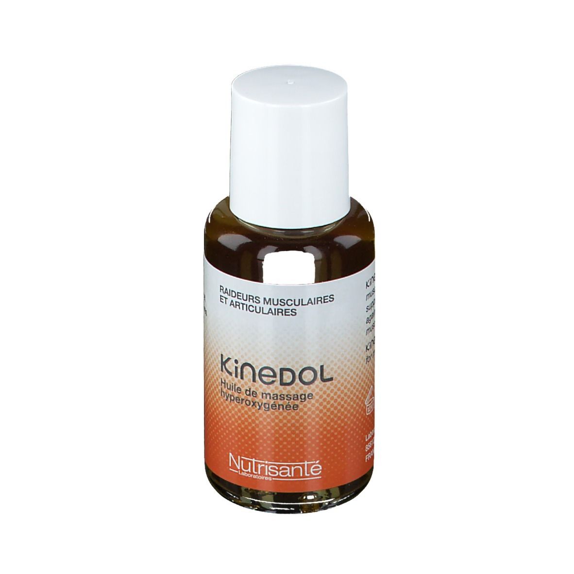 Bruine glazen fles met witte dop. Opschrift: Kinedol, Huile de massage hyperoxygénée. Merk: Nutrisante.