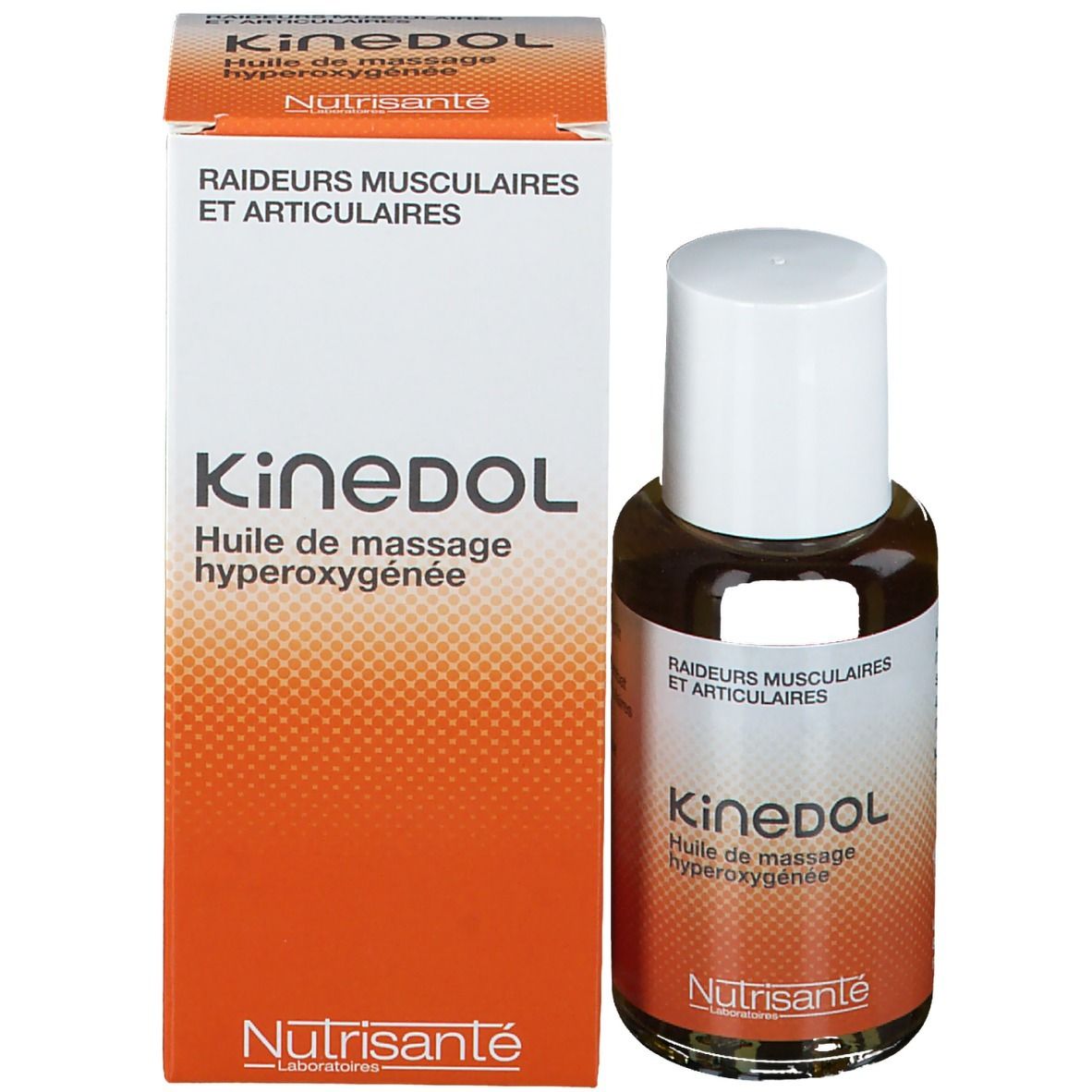 Productverpakking en fles. Opschrift: Kinedol, Huile de massage hyperoxygénée. Merk: Nutrisante.