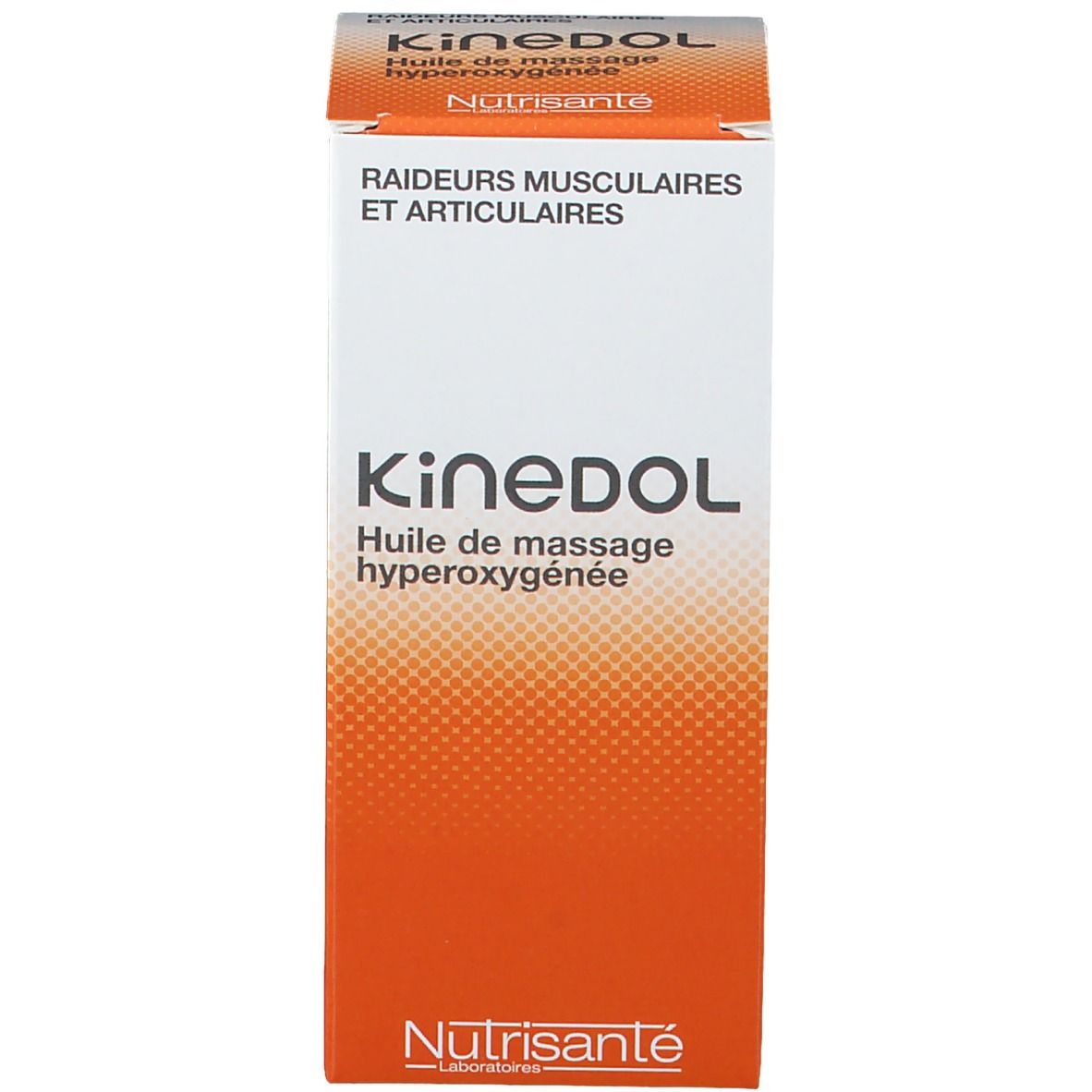 Productverpakking. Opschrift: Kinedol, Huile de massage hyperoxygénée. Merk: Nutrisante.