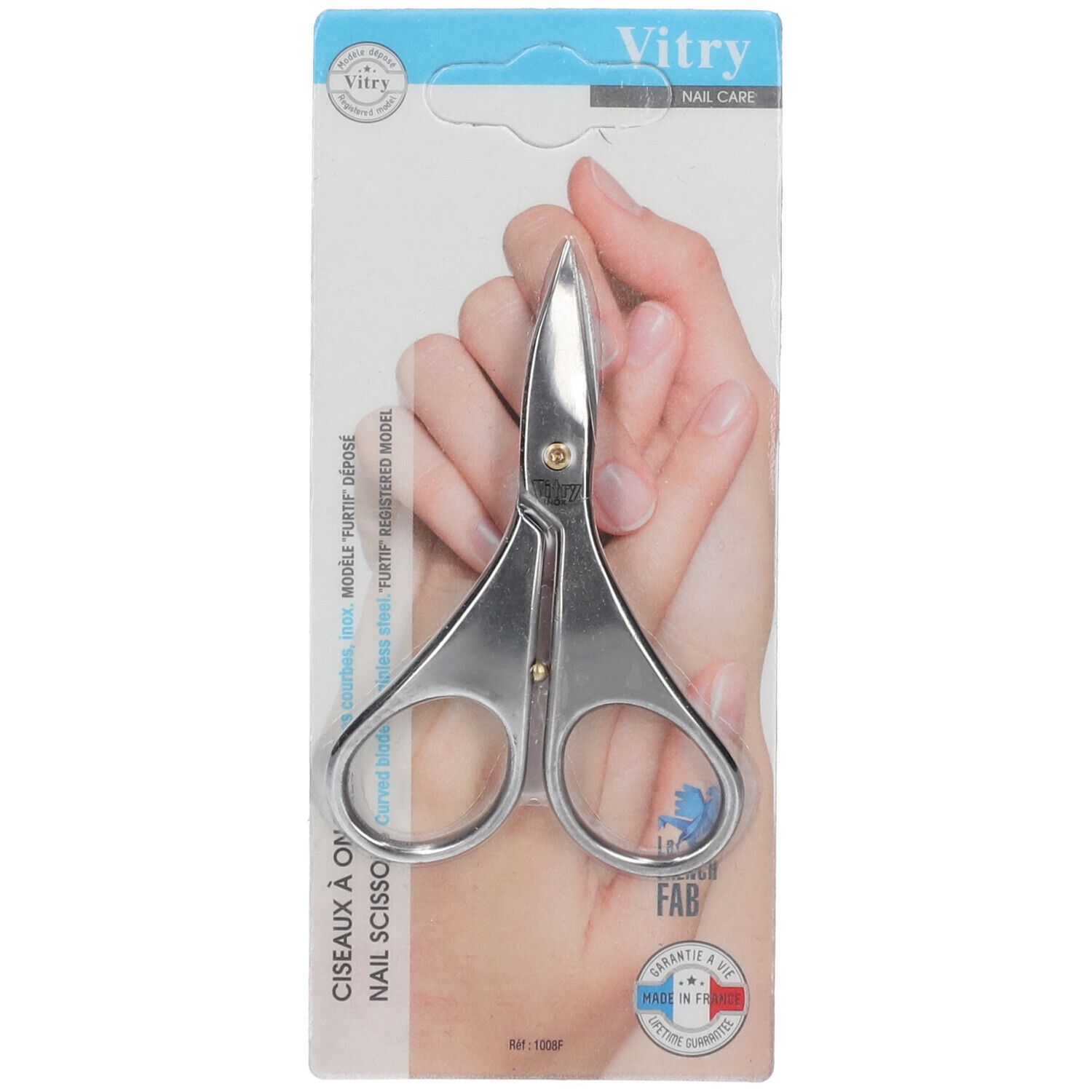 Ciseaux à ongles courbes, acier inoxydable, modèle Furtif. Emballage. Marque Vitry.