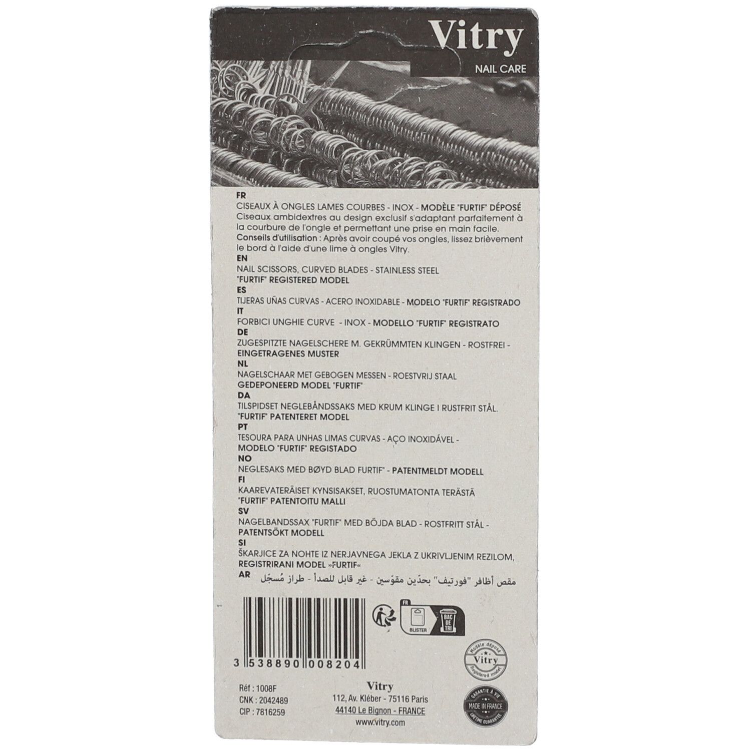 Dos de l'emballage avec informations produit et marque Vitry.