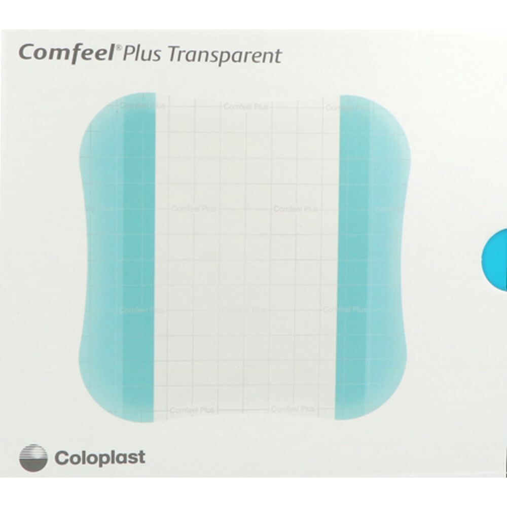 Transparant hydrocolloïdverband. Rechthoekig met afgeronde hoeken. Merk: Coloplast. Naam: Comfeel Plus Transparent.