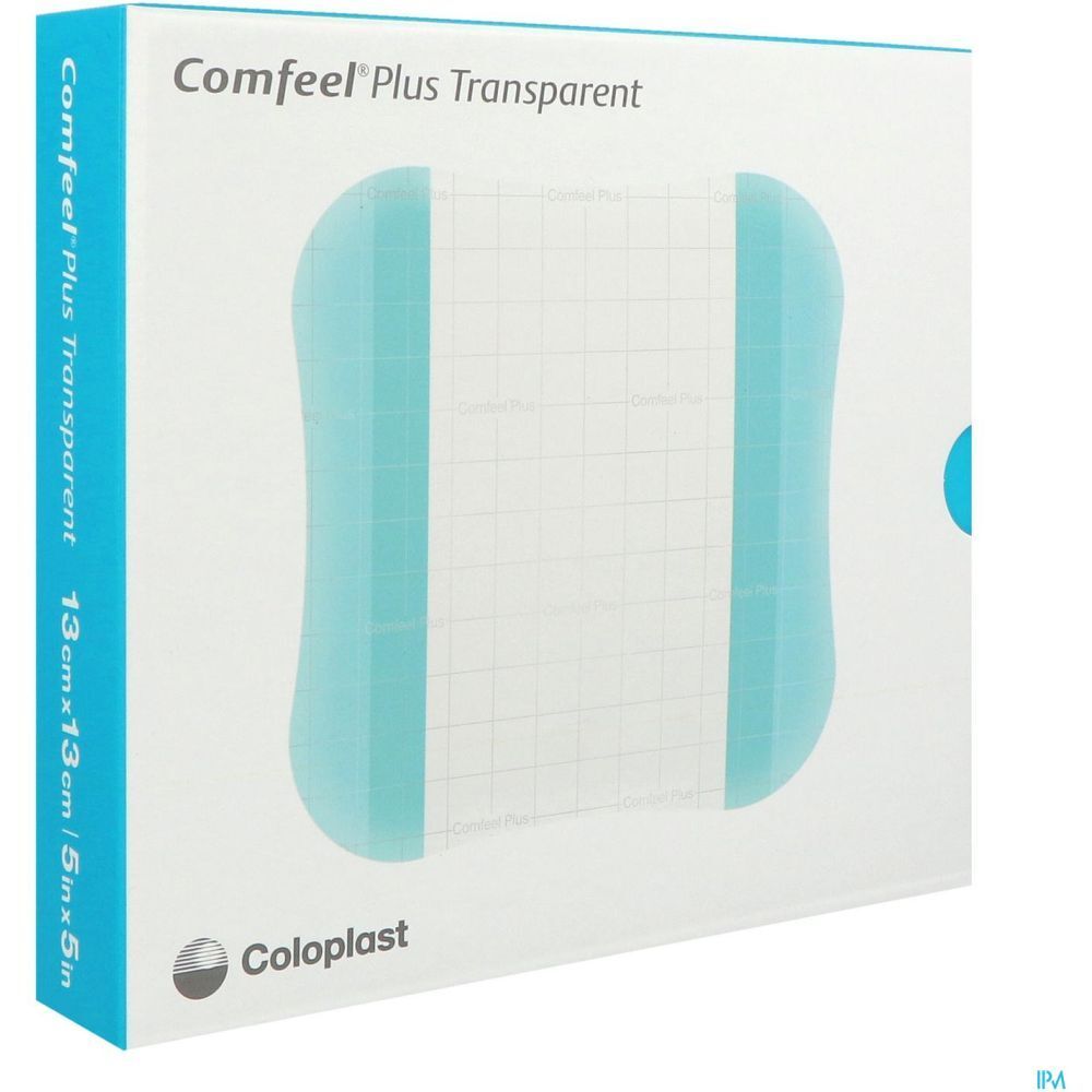 Verpakking van Comfeel Plus Transparent. Rechthoekige doos met verband. Afmeting: 13cm x 13cm. Merk: Coloplast. Productnaam zichtbaar.