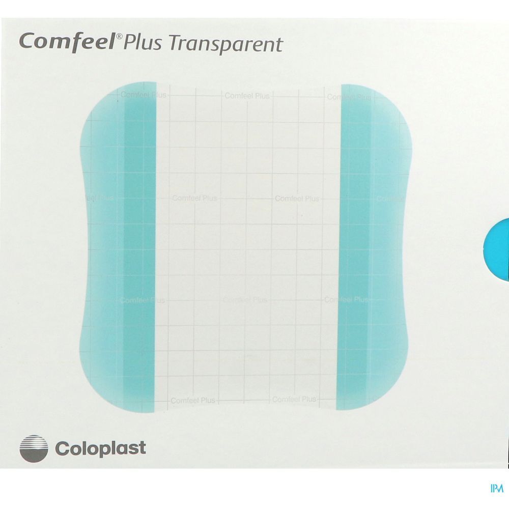 Transparant hydrocolloïdverband. Rechthoekig met afgeronde hoeken. Merk: Coloplast. Naam: Comfeel Plus Transparent.