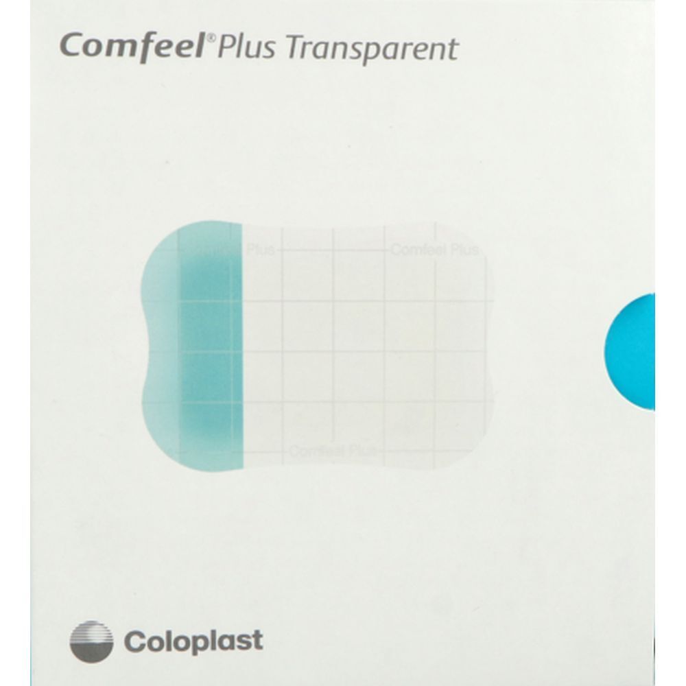 Verpakking met transparante hydrocolloïde verband. Merk: Coloplast. Productnaam: Comfeel Plus Transparent.