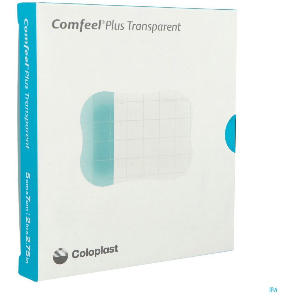 Zijaanzicht van de verpakking. Product: Comfeel Plus Transparent. Afmeting: 5 cm x 7 cm. Merk: Coloplast. Blauw element.