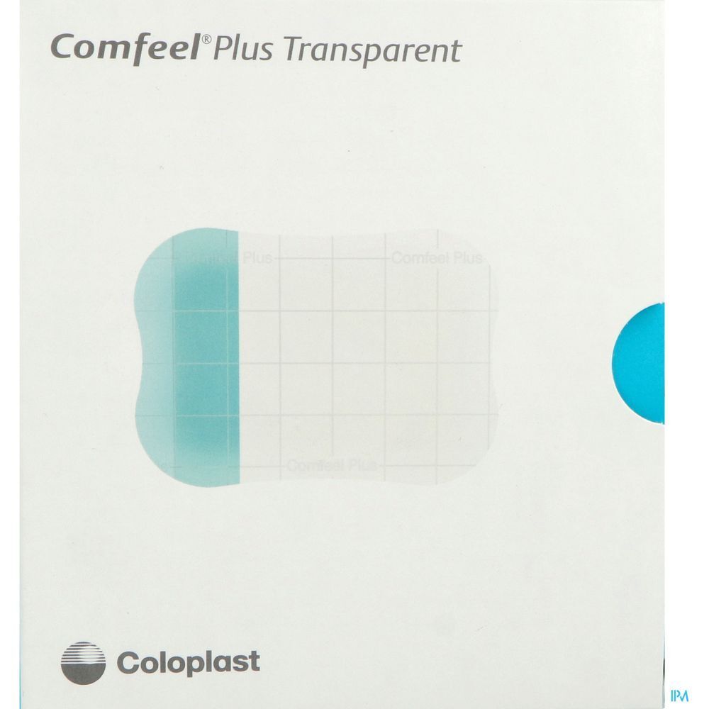 Verpakking met transparante hydrocolloïde verband. Merk: Coloplast. Productnaam: Comfeel Plus Transparent.