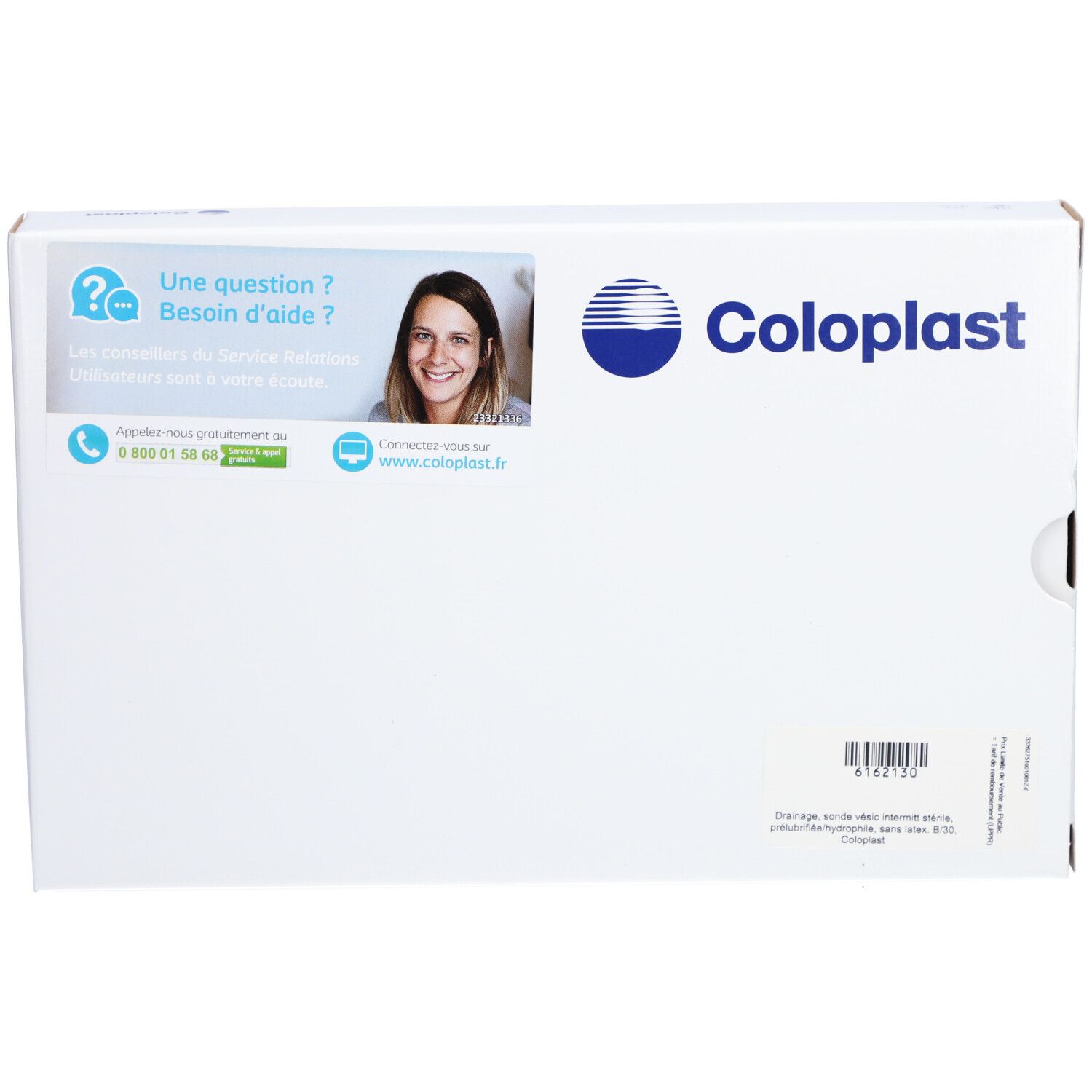 COLOPLAST verpakking. Logo en contactgegevens. Tekst: "Une question ? Besoin d'aide ?" en afbeelding van een vrouw.