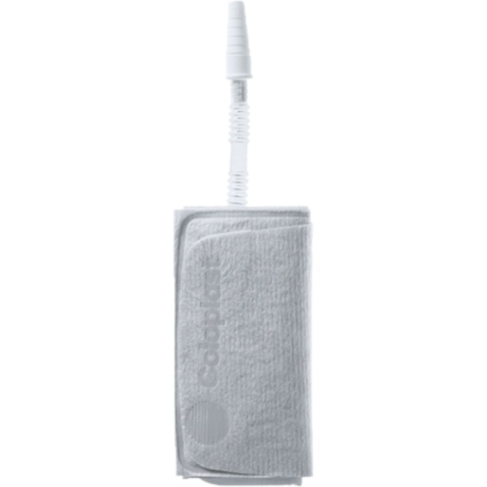 Poche à urine de jambe grise avec tube blanc. La poche est rectangulaire et porte le logo Coloplast.