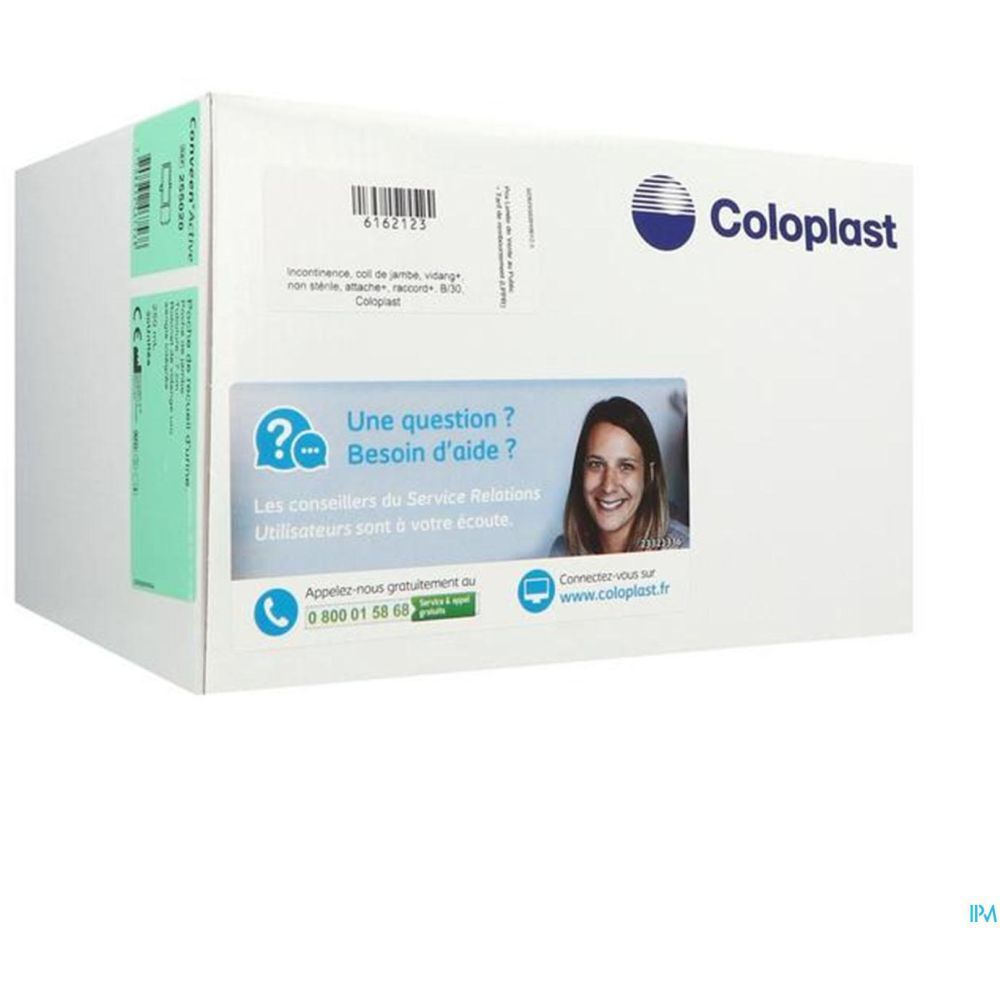 Boîte blanche avec logo Coloplast et informations de contact. Autocollant avec informations produit et une femme.