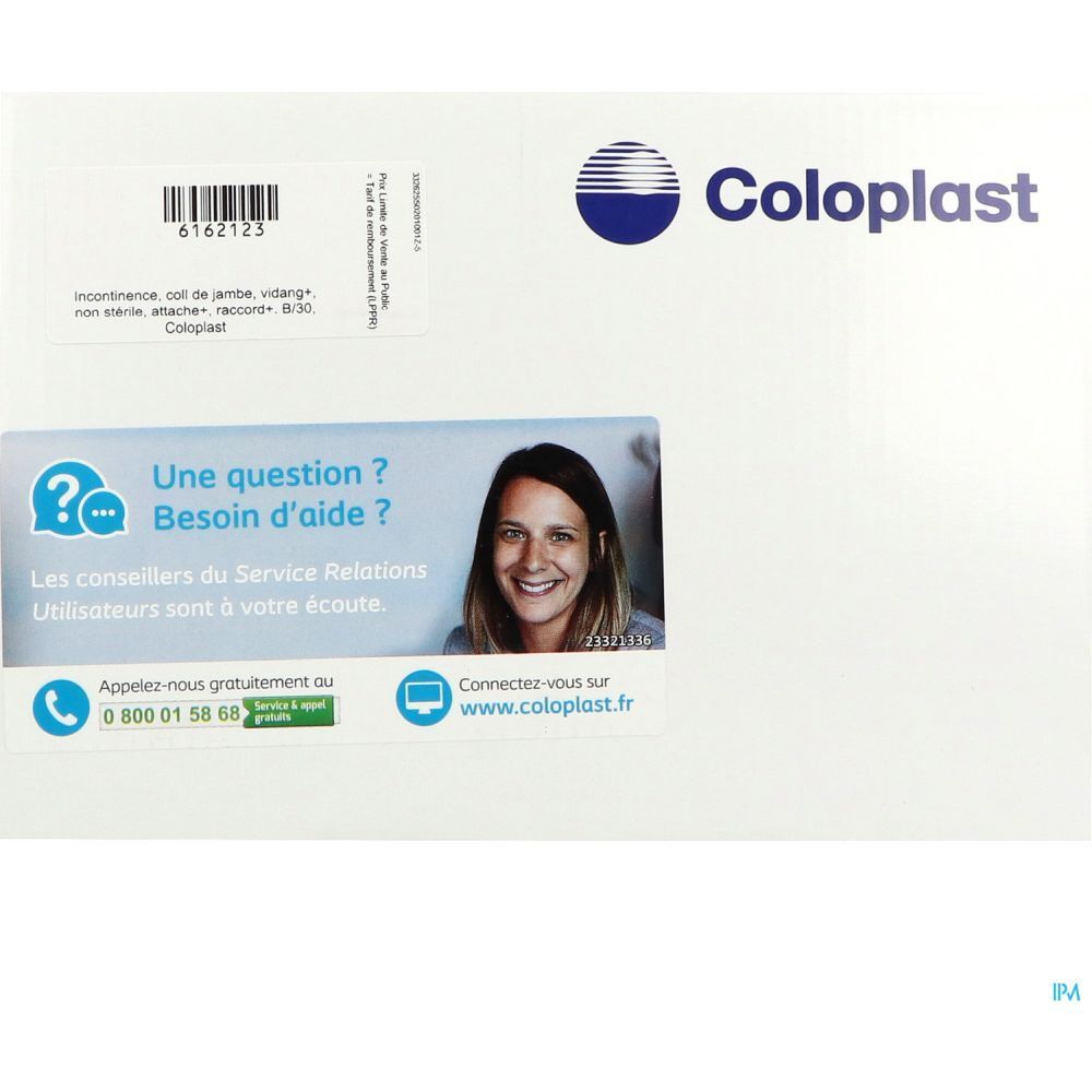 Papier blanc avec logo Coloplast et informations de contact. Autocollant avec informations produit et une femme.